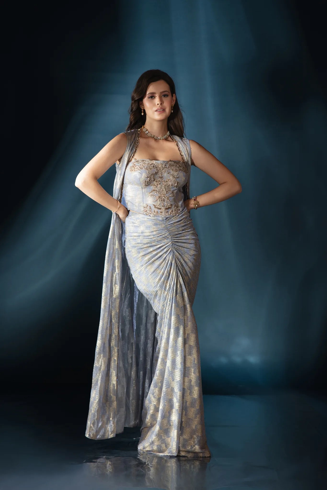 Powder Blue Metallic Drape Saree Gown with Cape - Saaj 31st12281