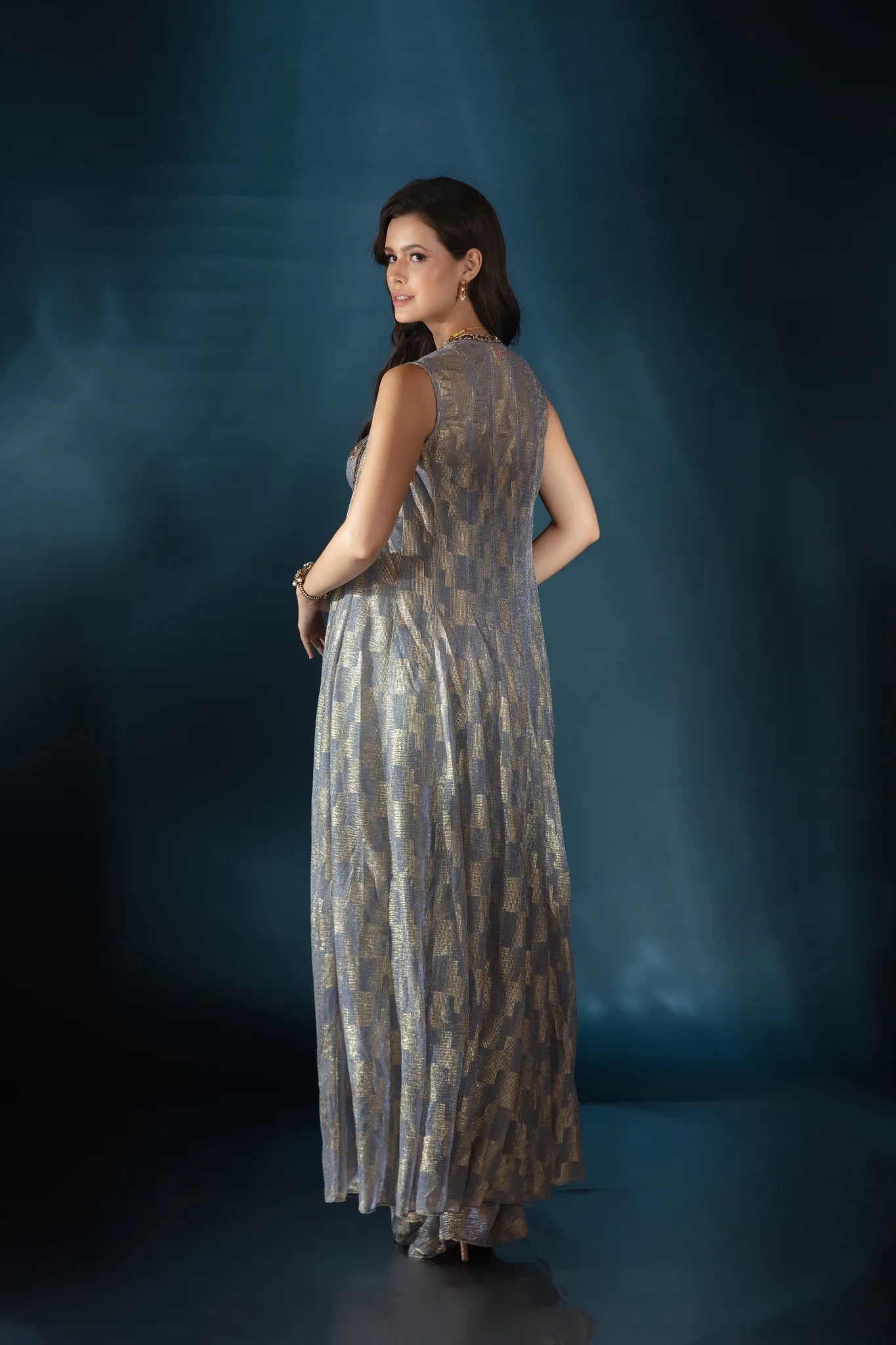 Powder Blue Metallic Drape Saree Gown with Cape - Saaj 31st12290