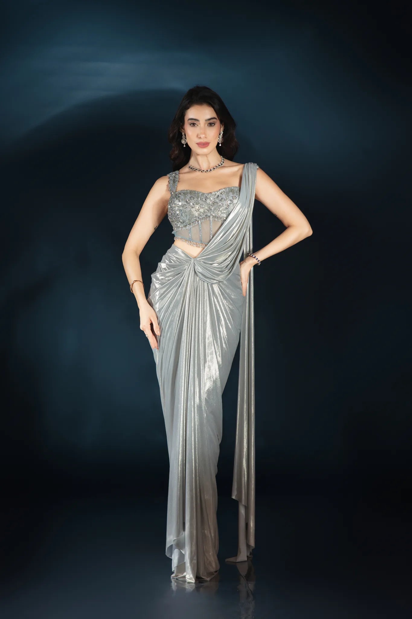 Powder Blue Liquid Luster Drape Saree - Saaj 31st12294