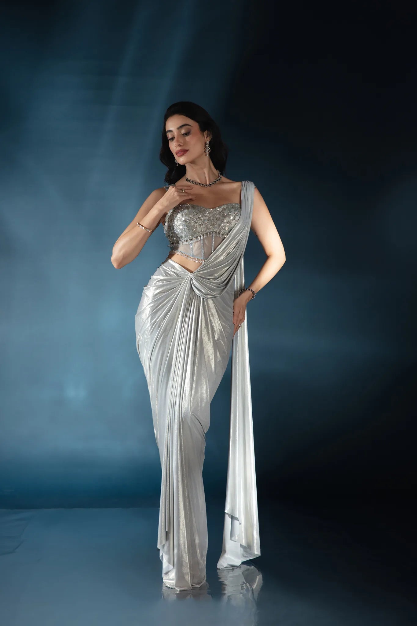Powder Blue Liquid Luster Drape Saree - Saaj 31st12297