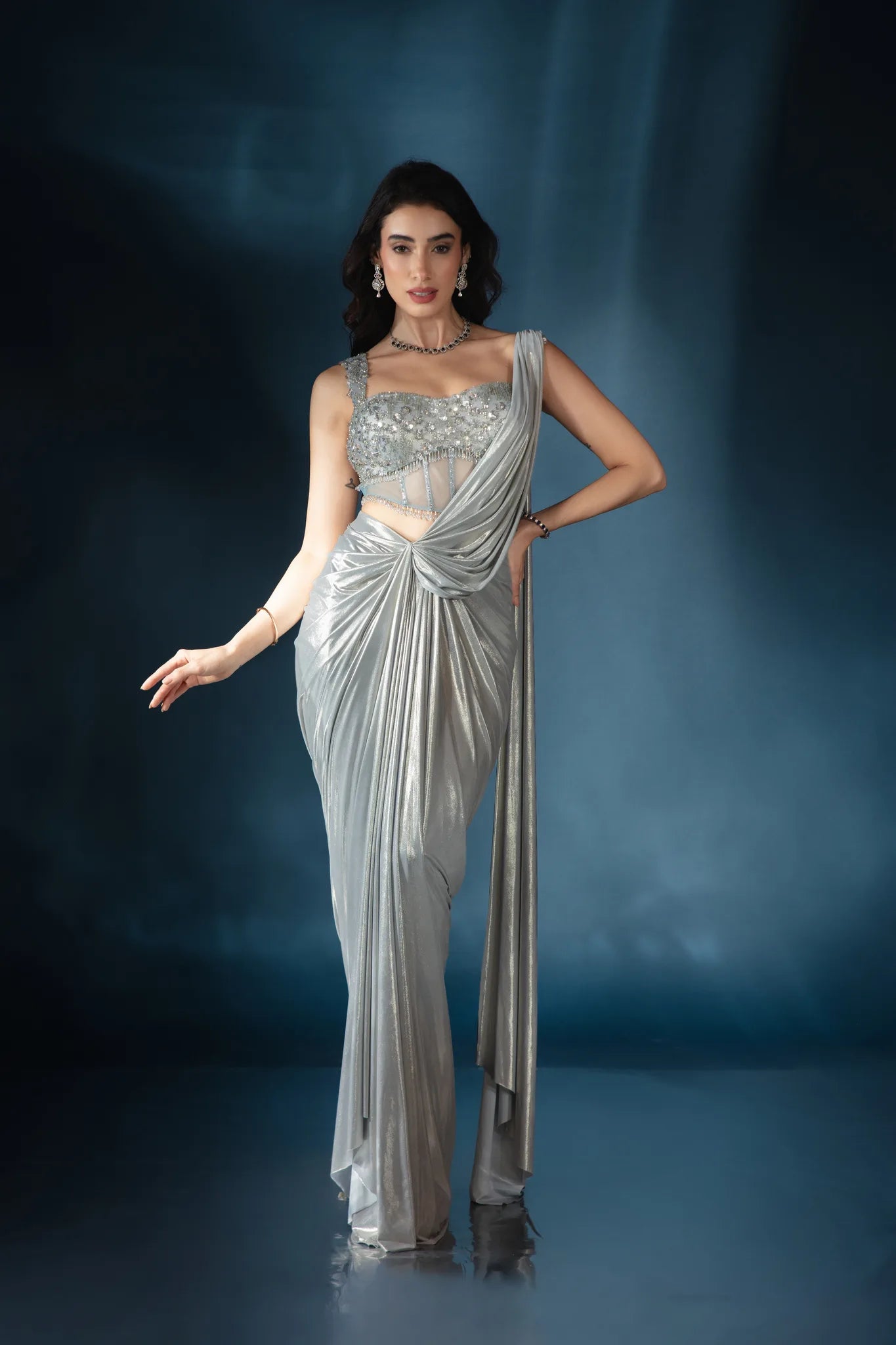 Powder Blue Liquid Luster Drape Saree - Saaj 31st12300