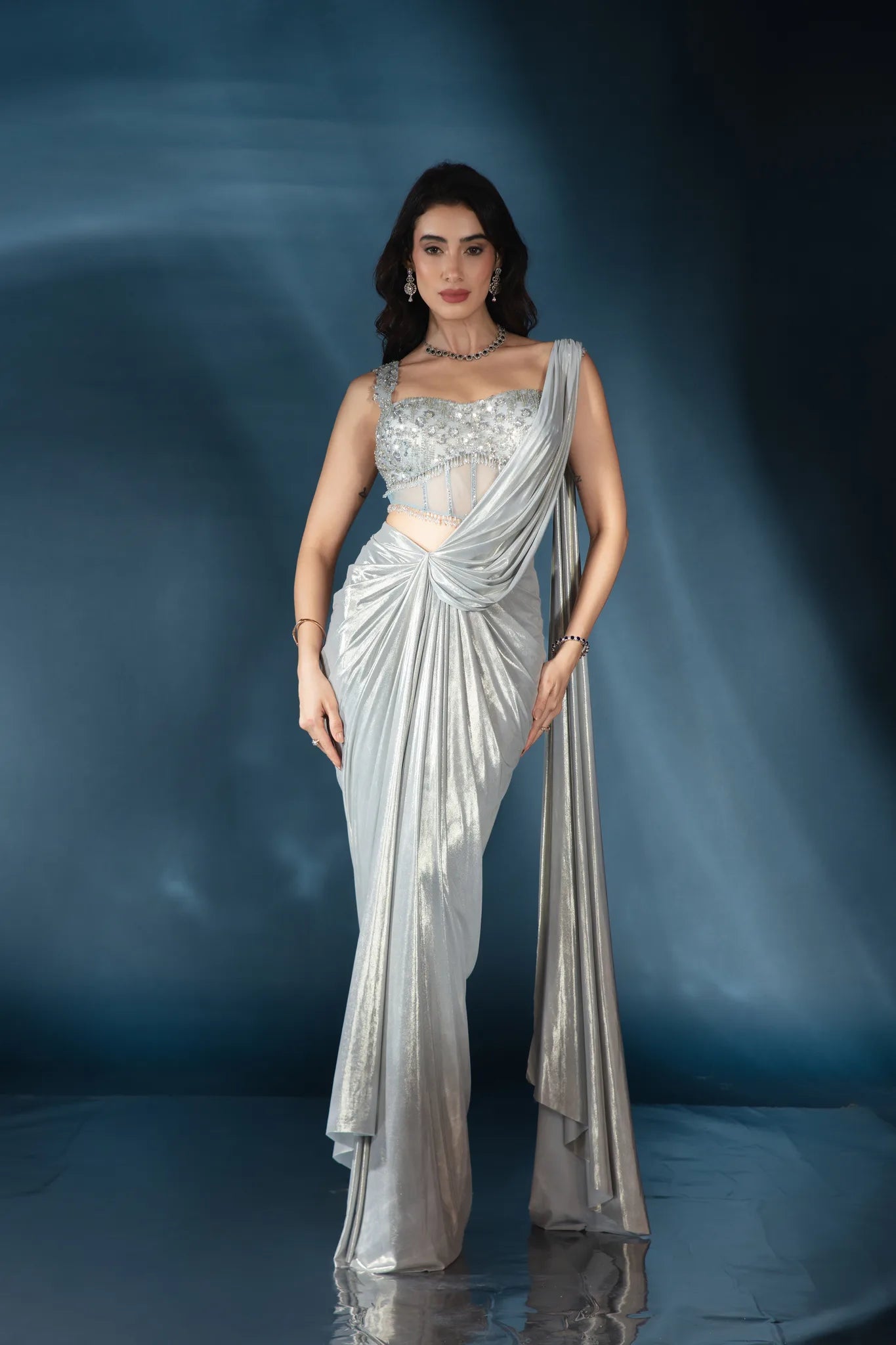 Powder Blue Liquid Luster Drape Saree - Saaj 31st12314