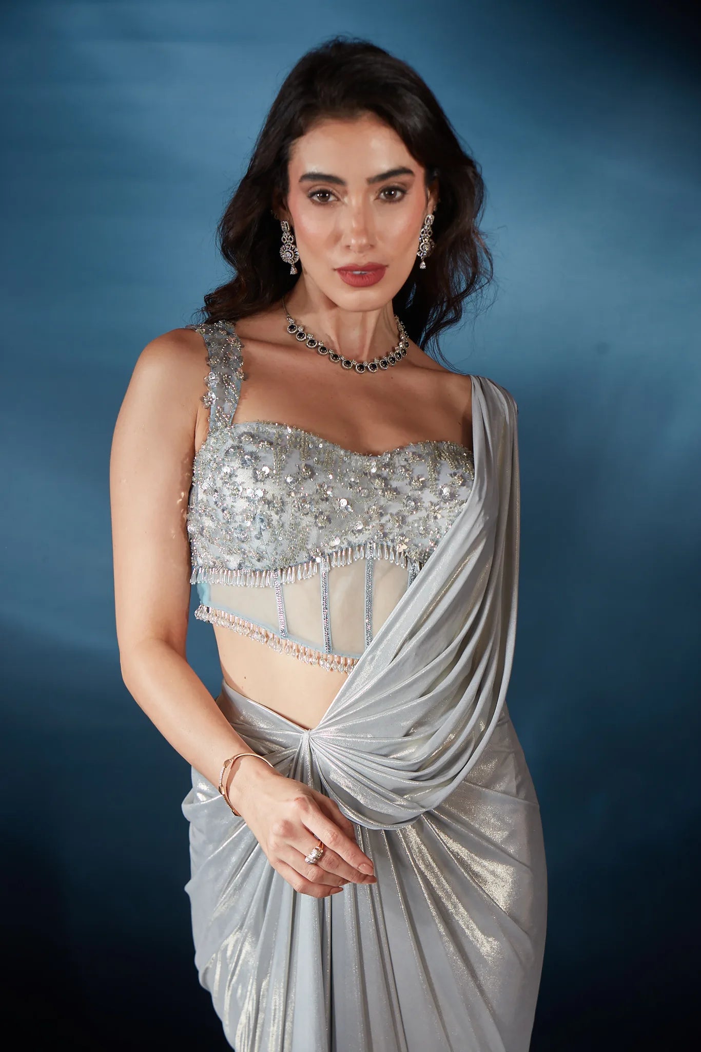 Powder Blue Liquid Luster Drape Saree - Saaj 31st12320
