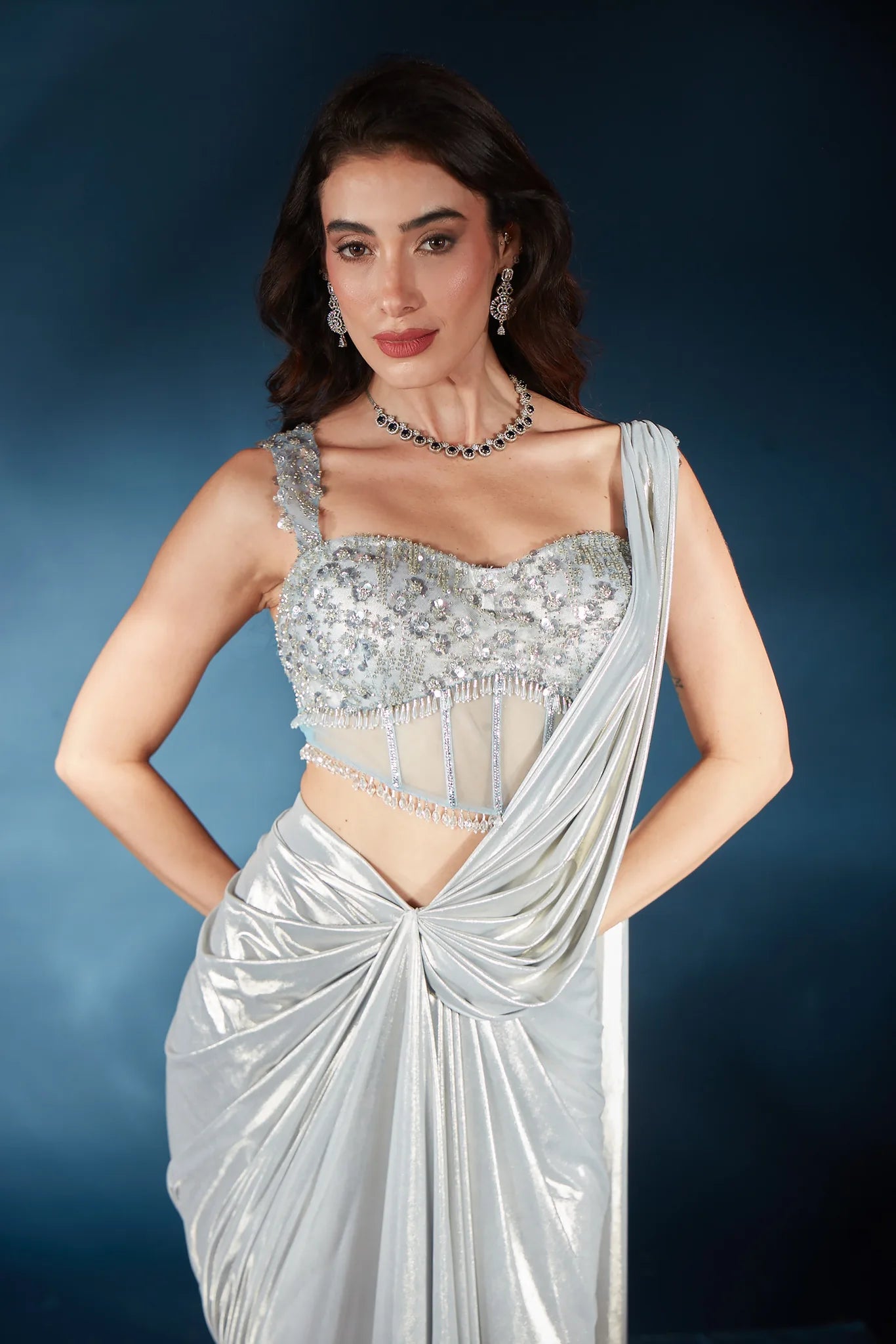 Powder Blue Liquid Luster Drape Saree - Saaj 31st12334