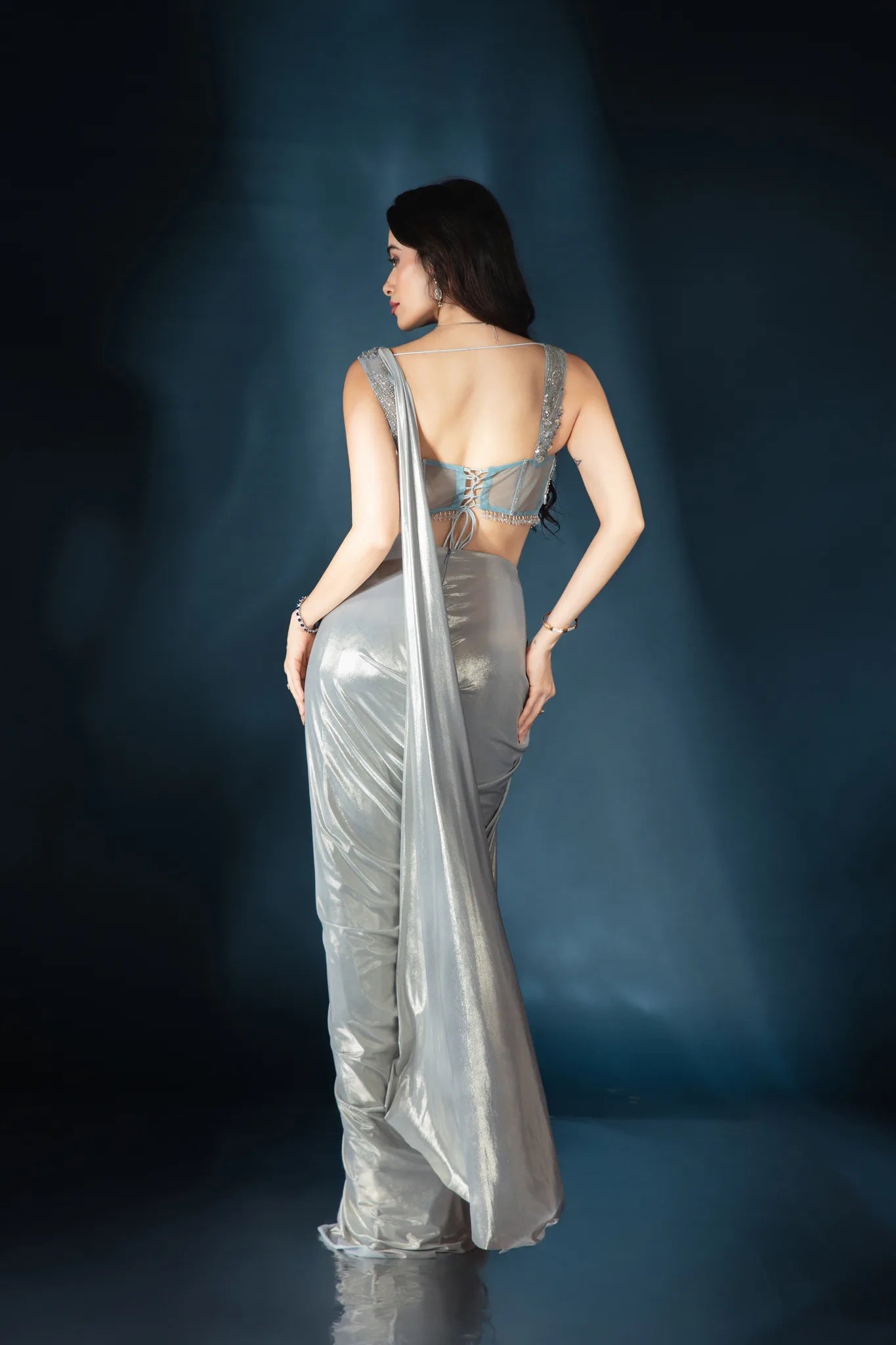 Powder Blue Liquid Luster Drape Saree - Saaj 31st12350