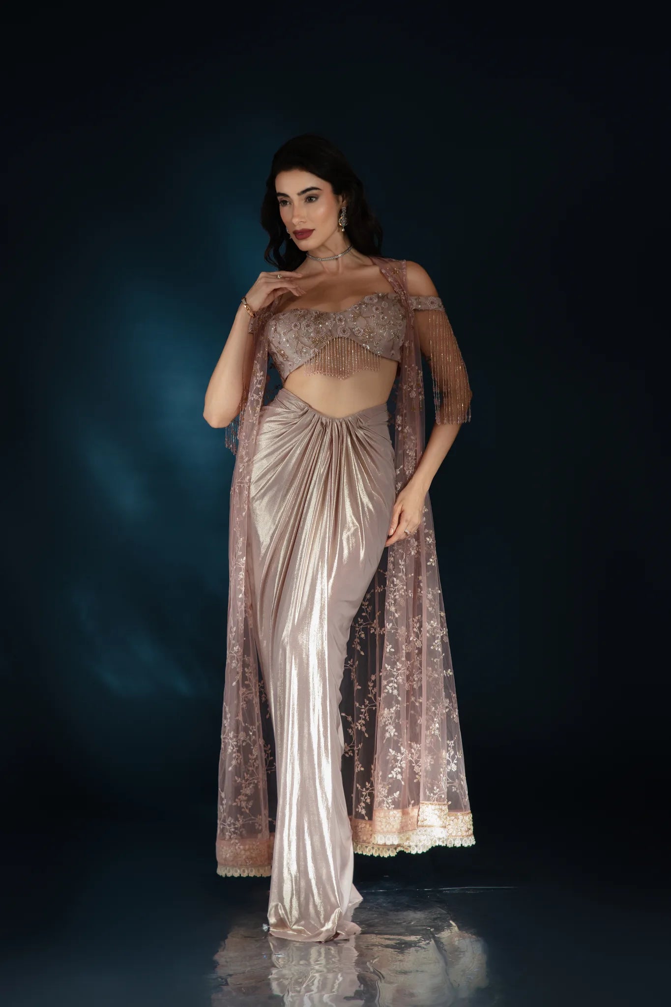Pink Liquid Luster Drape Saree with Embellished Cape - Saaj 31st12356