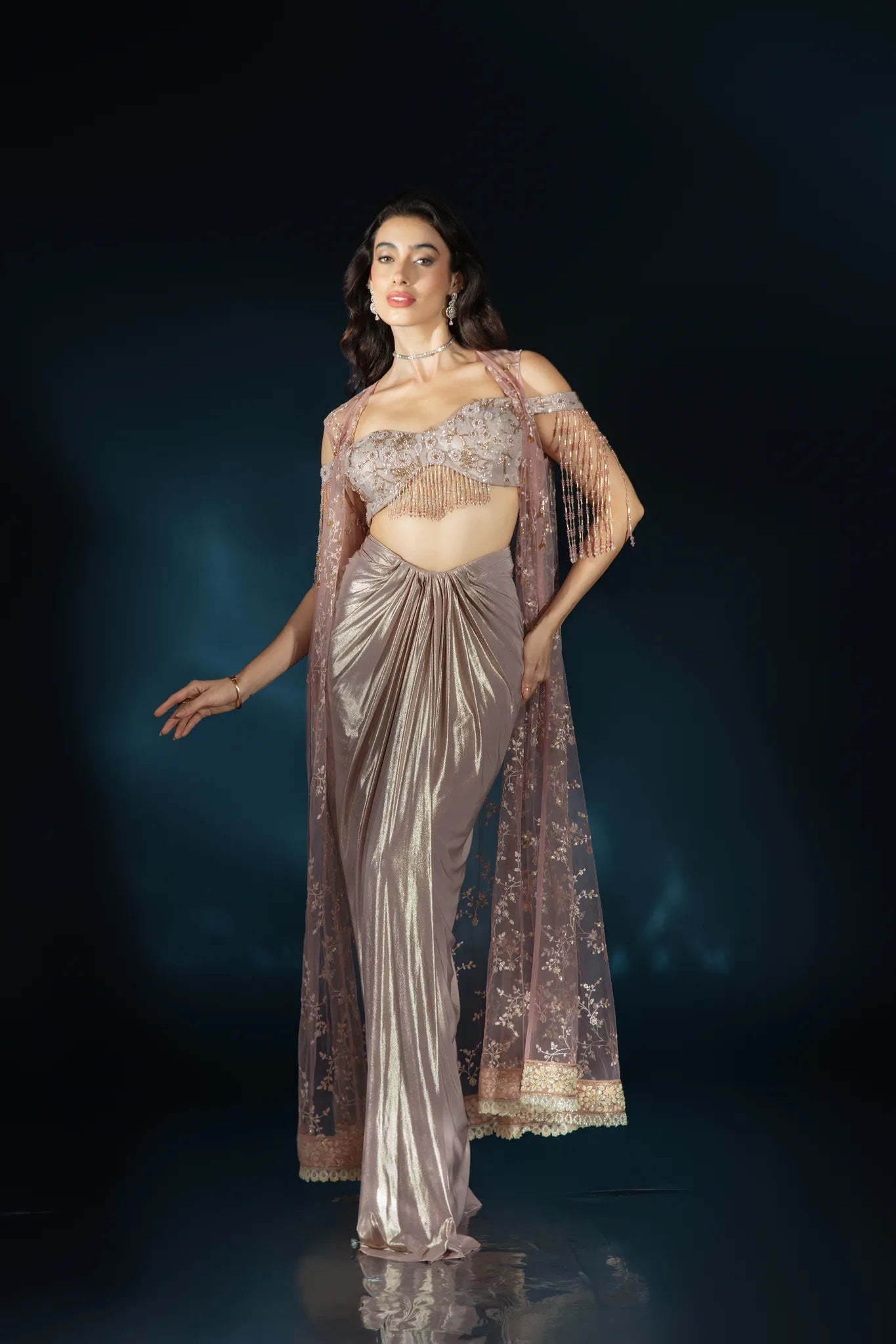 Pink Liquid Luster Drape Saree with Embellished Cape - Saaj 31st12358