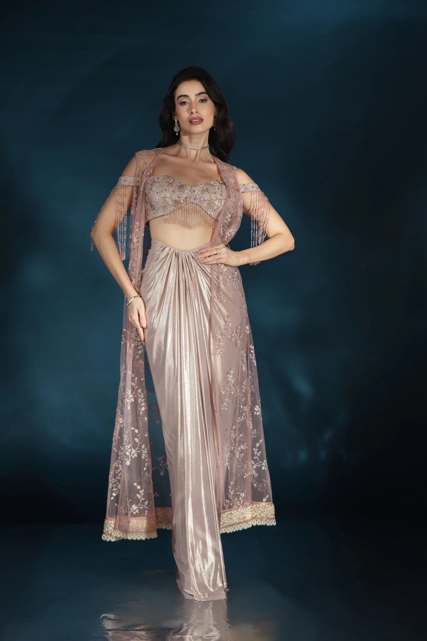 Pink Liquid Luster Drape Saree with Embellished Cape - Saaj 31st12379