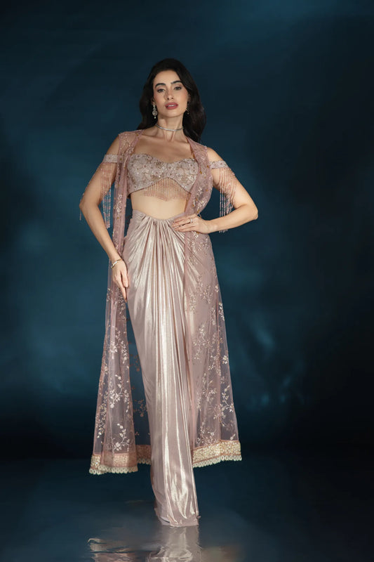 Pink Liquid Luster Drape Saree with Embellished Cape - Saaj 31st12379