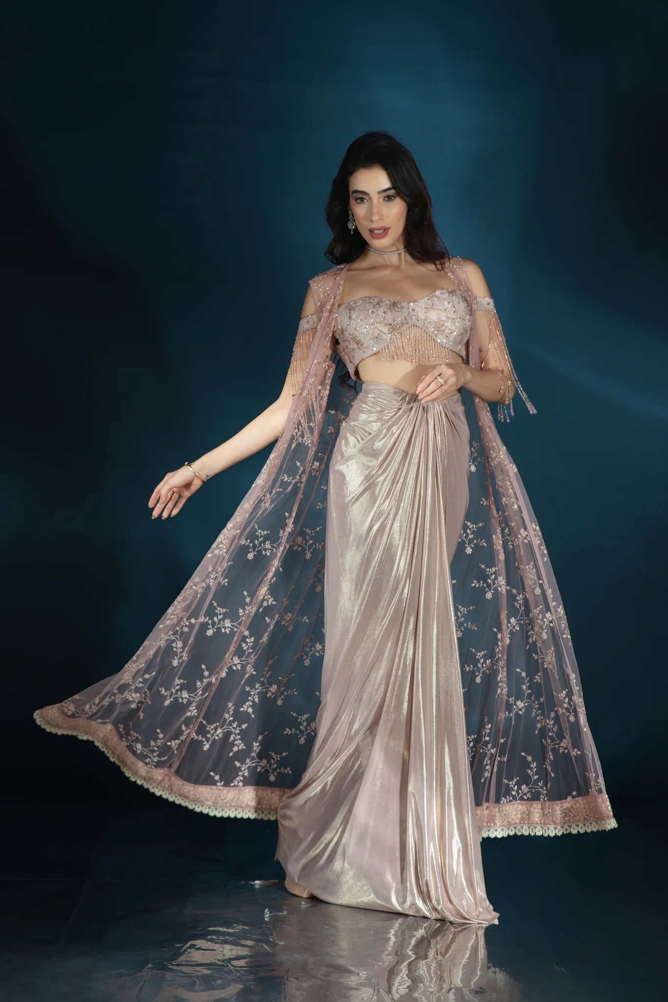 Pink Liquid Luster Drape Saree with Embellished Cape - Saaj 31st12400