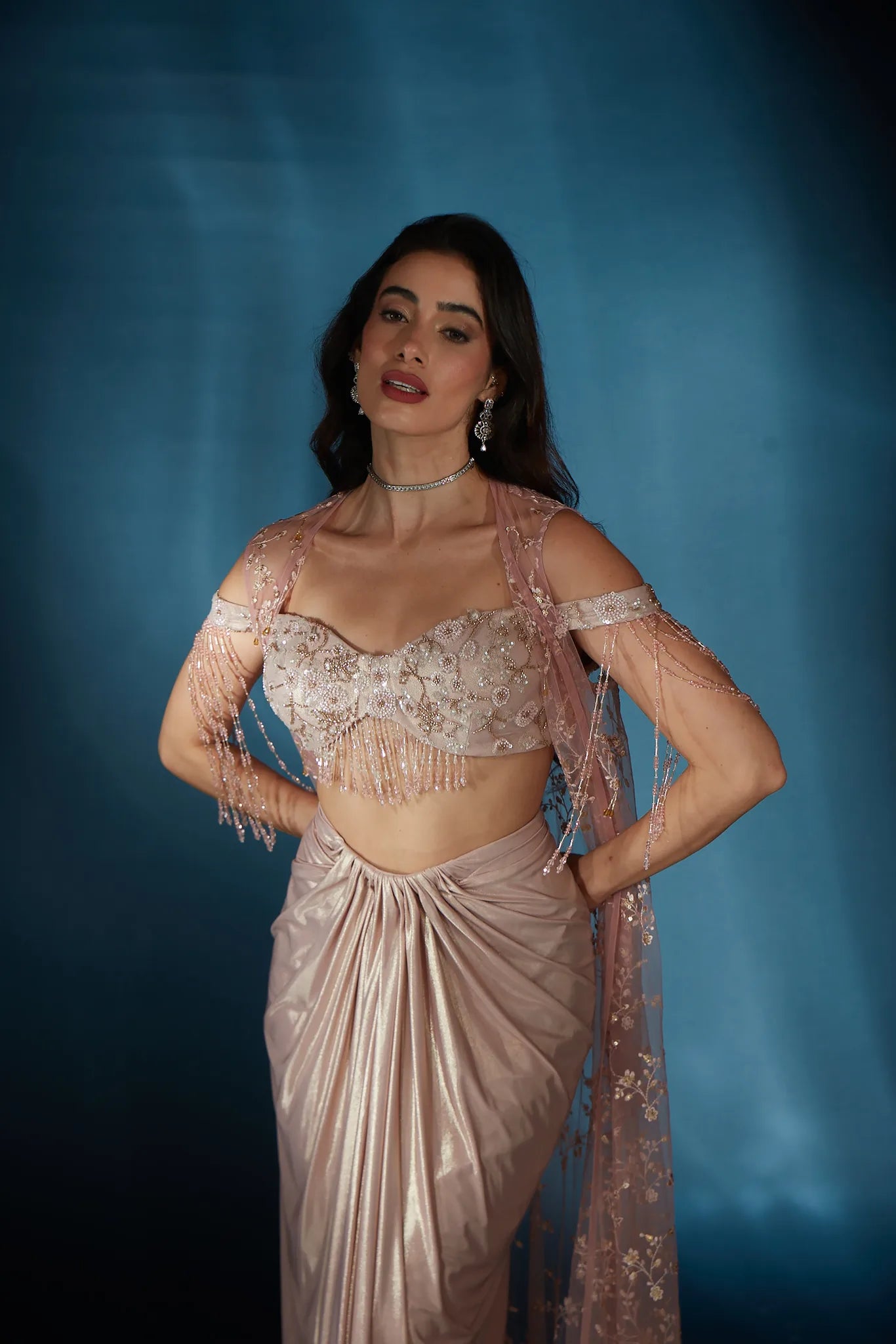Pink Liquid Luster Drape Saree with Embellished Cape - Saaj 31st12406