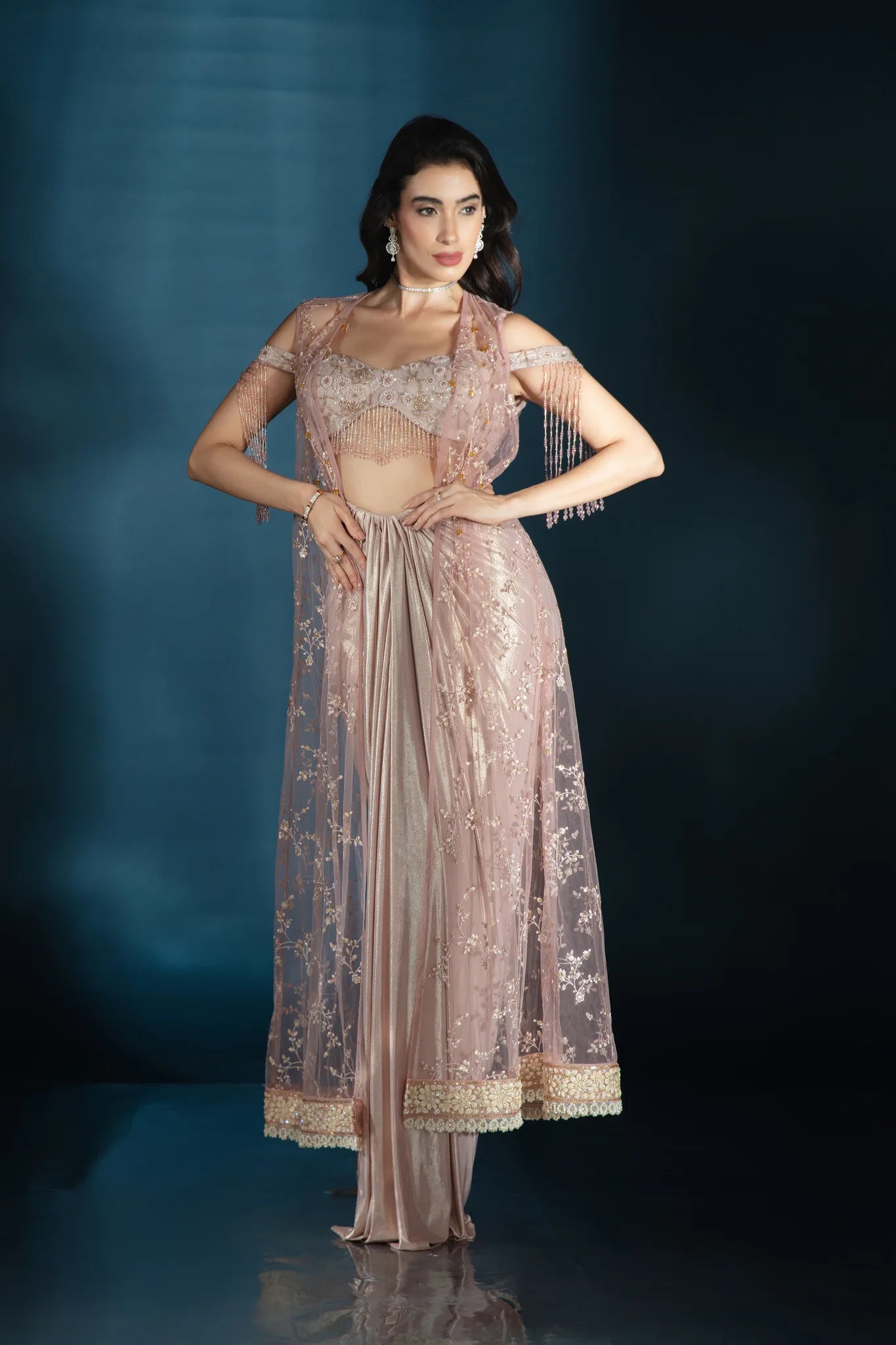 Pink Liquid Luster Drape Saree with Embellished Cape - Saaj 31st12443