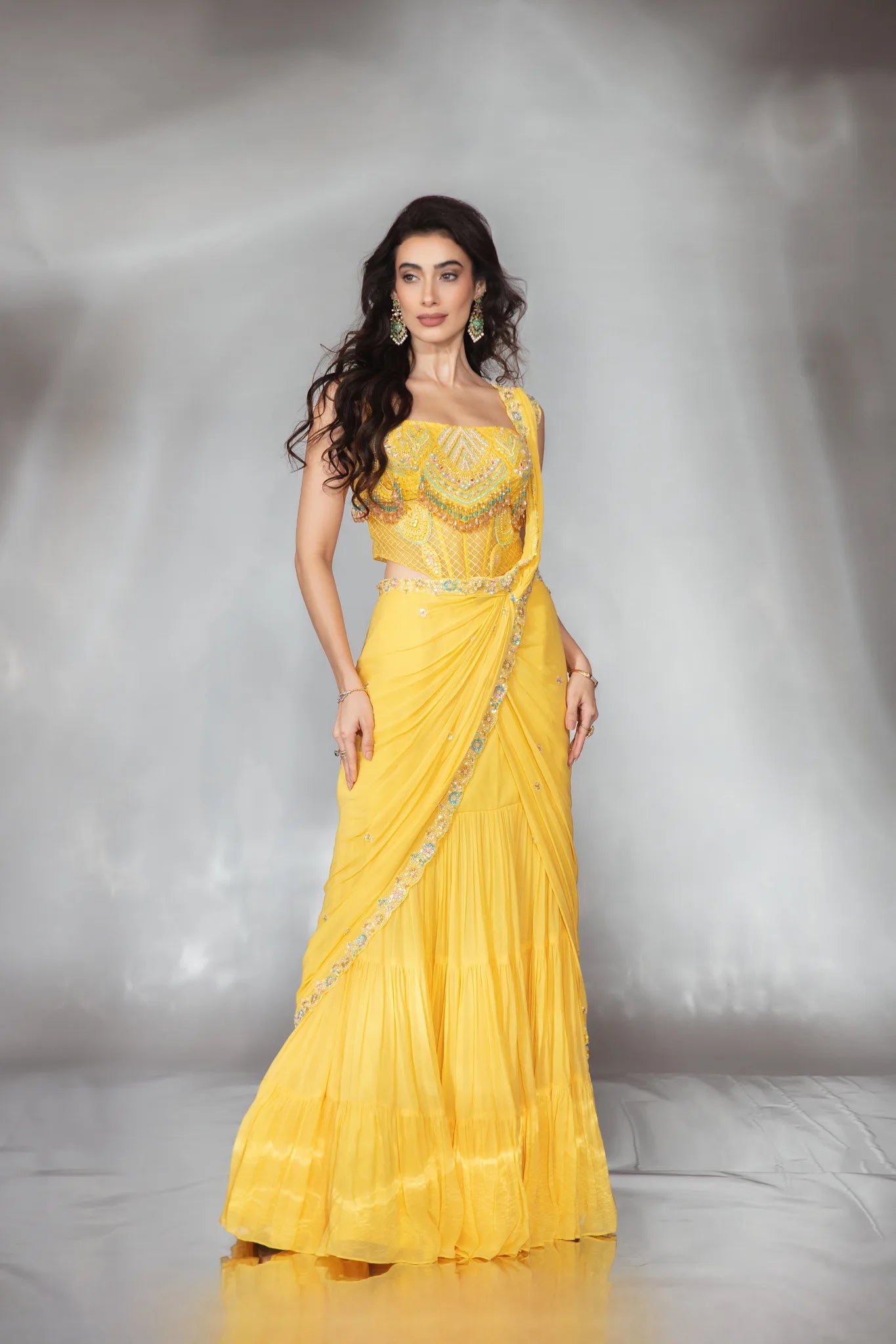 Yellow Georgette Draped Lehenga Saree Set - Saaj 31st9734