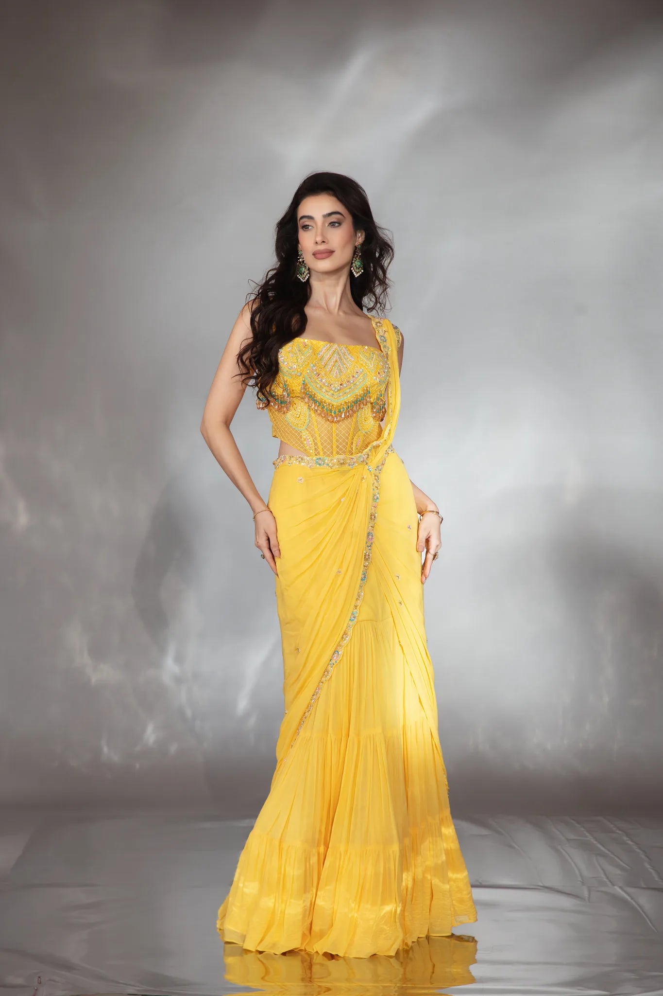 Yellow Georgette Draped Lehenga Saree Set - Saaj 31st9739