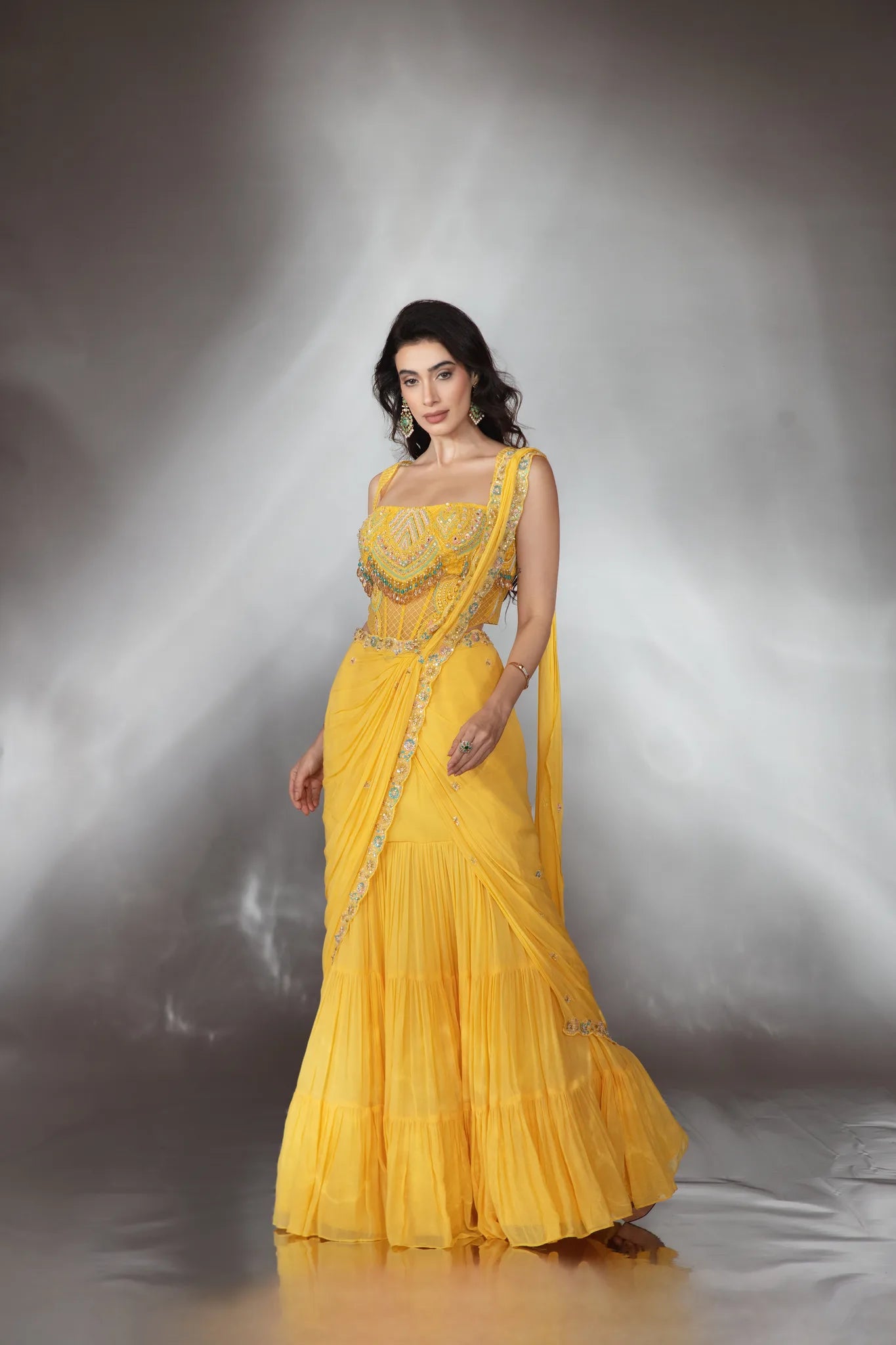 Yellow Georgette Draped Lehenga Saree Set - Saaj 31st9755