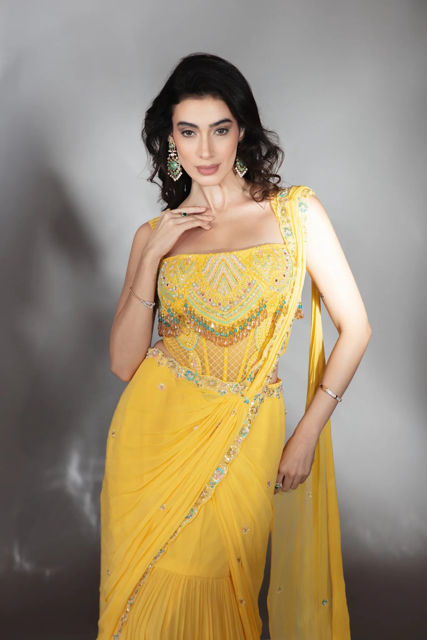 Yellow Georgette Draped Lehenga Saree Set - Saaj 31st9768