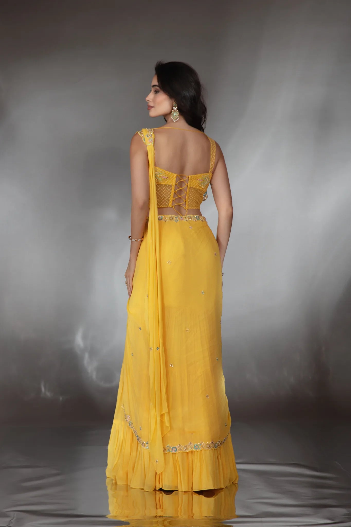 Yellow Georgette Draped Lehenga Saree Set - Saaj 31st9827
