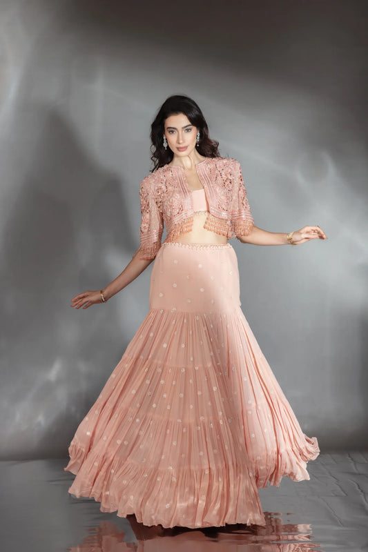Blush Peach Embroidered Jacket Lehenga Set - Saaj 31st9922