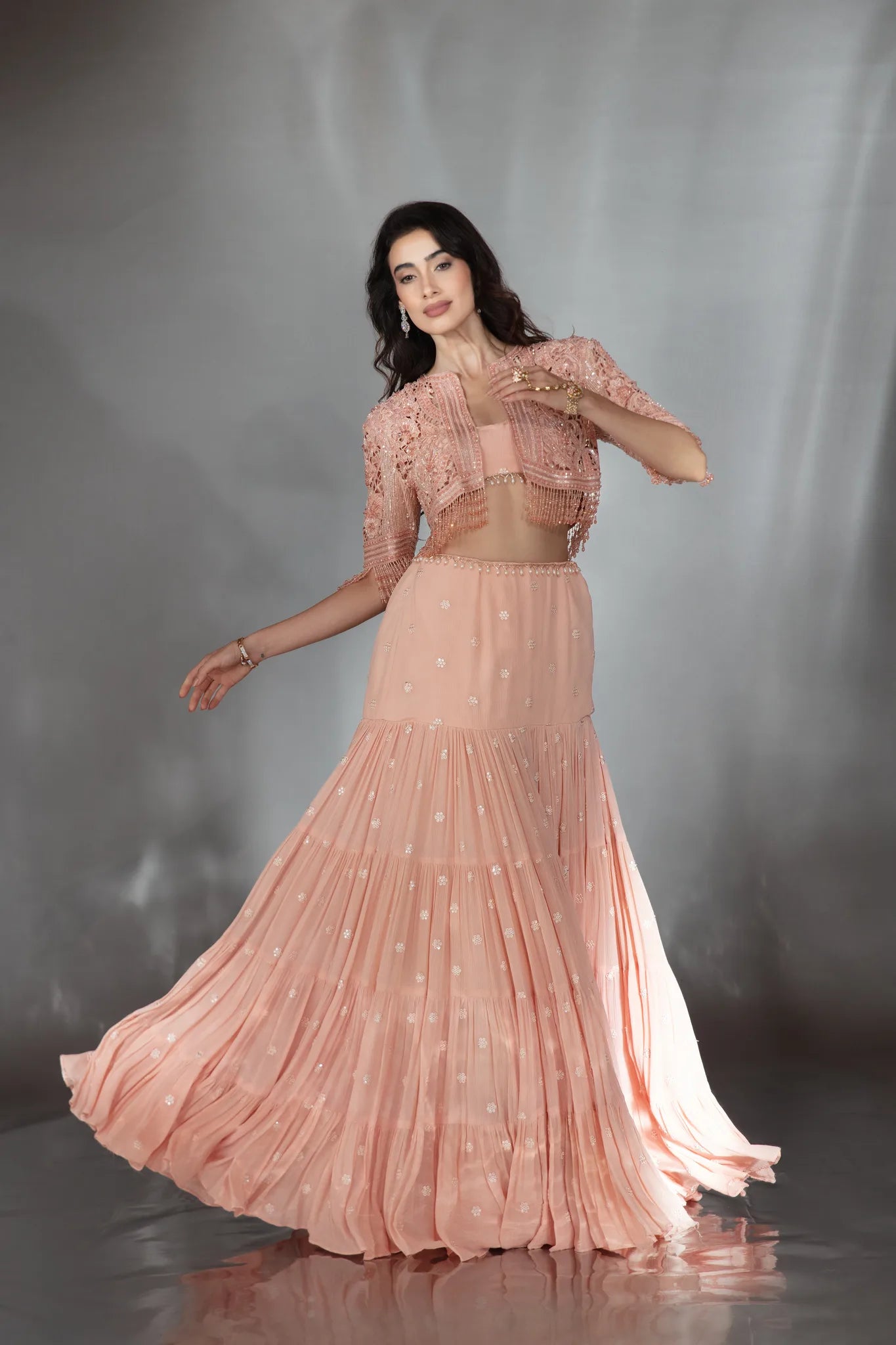 Blush Peach Embroidered Jacket Lehenga Set - Saaj 31st9926