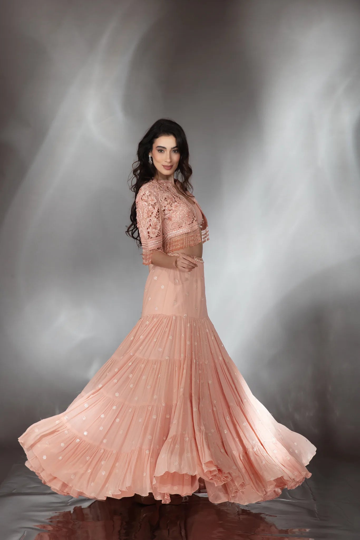 Blush Peach Embroidered Jacket Lehenga Set - Saaj 31st9937