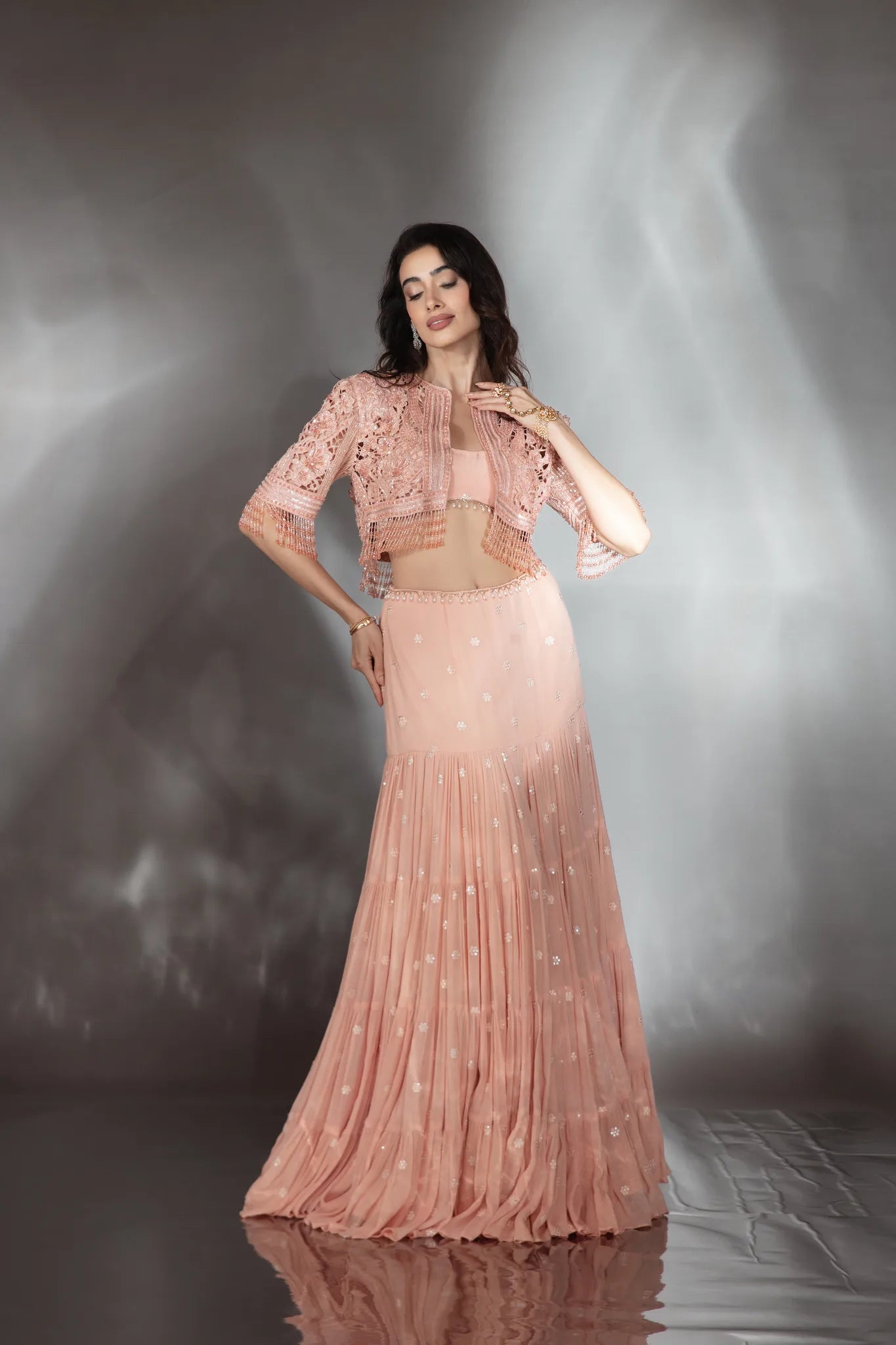 Blush Peach Embroidered Jacket Lehenga Set - Saaj 31st9950