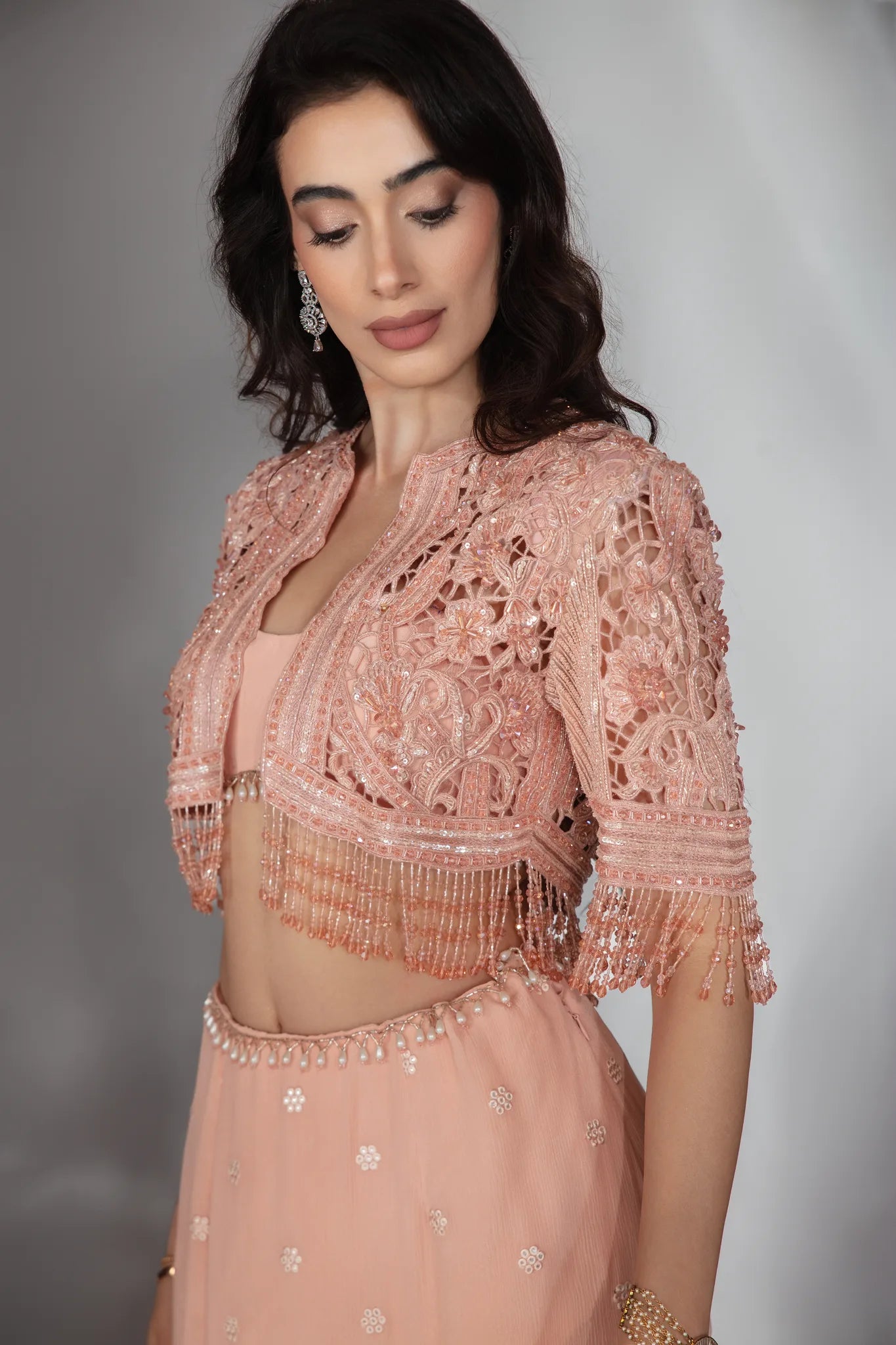 Blush Peach Embroidered Jacket Lehenga Set - Saaj 31st9979