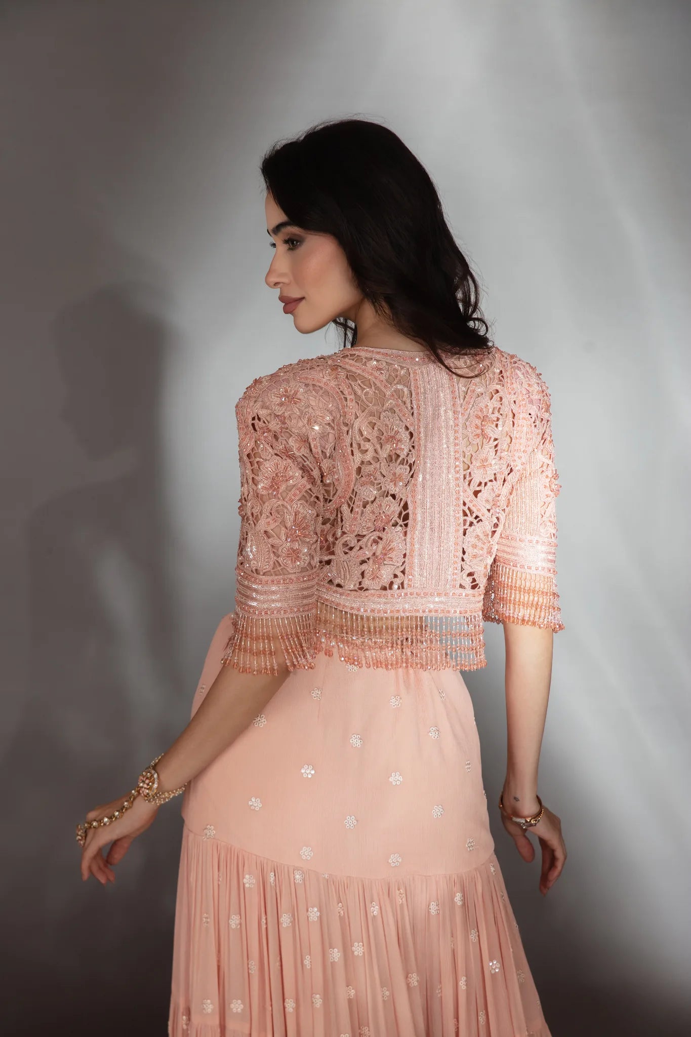 Blush Peach Embroidered Jacket Lehenga Set - Saaj 31st9998