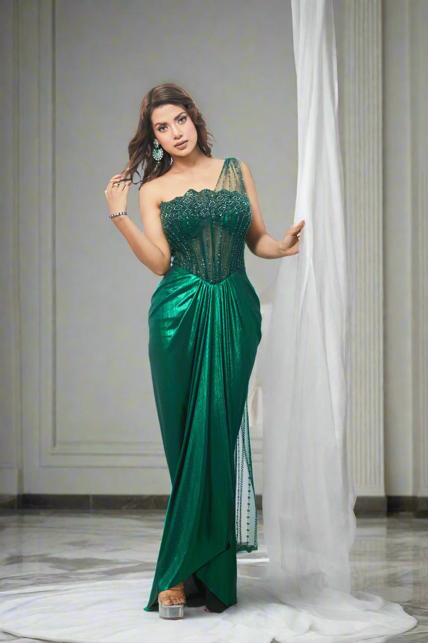 saree corset dress Metallic Mermaid Drape Corset Saree Gown