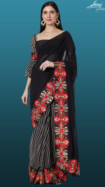 Load image into Gallery viewer, Bold Border Stripes + Plain Saree - Saaj By Ankita
