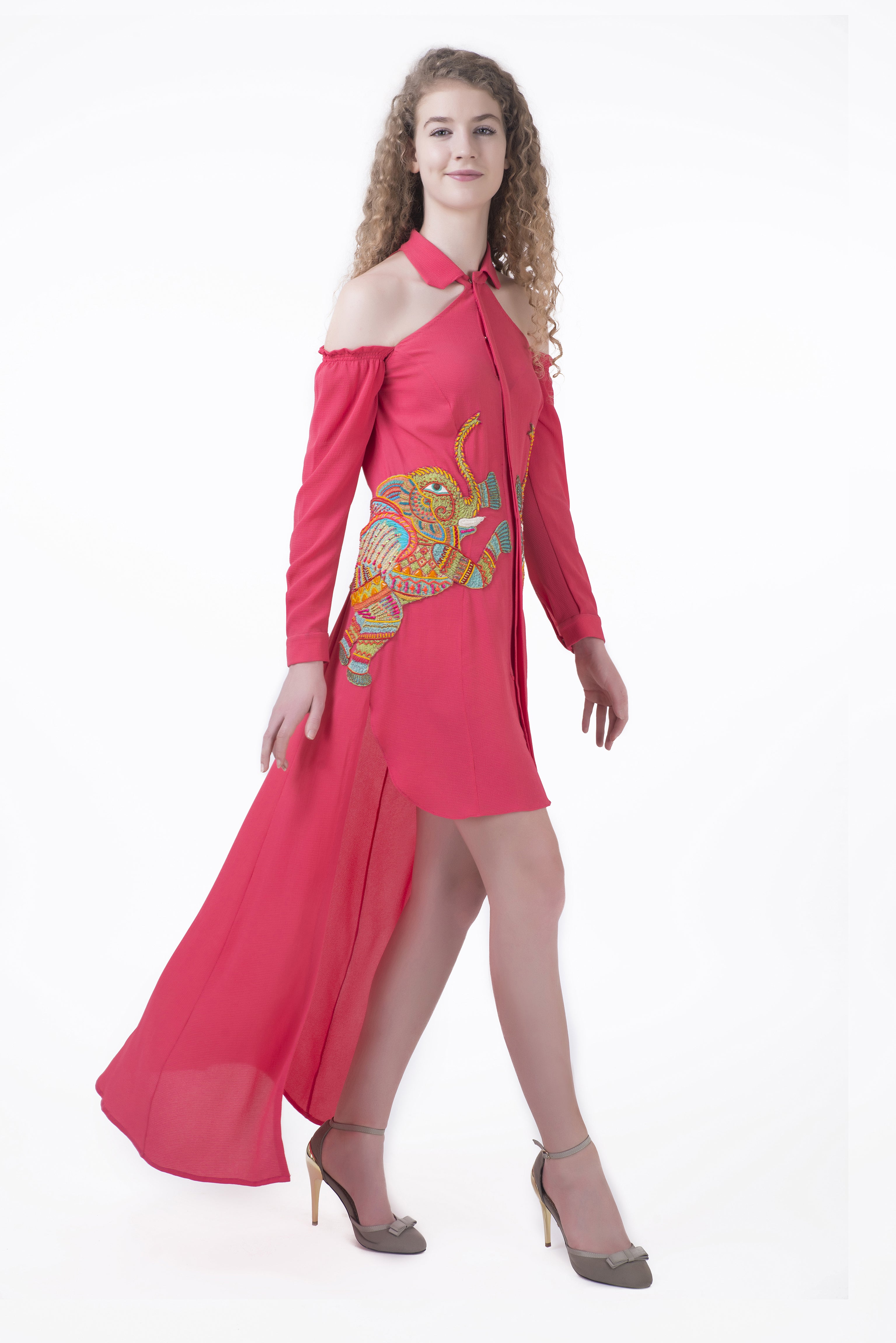 High-Low Shirt Dress with Motifs on sides - Saaj By Ankita