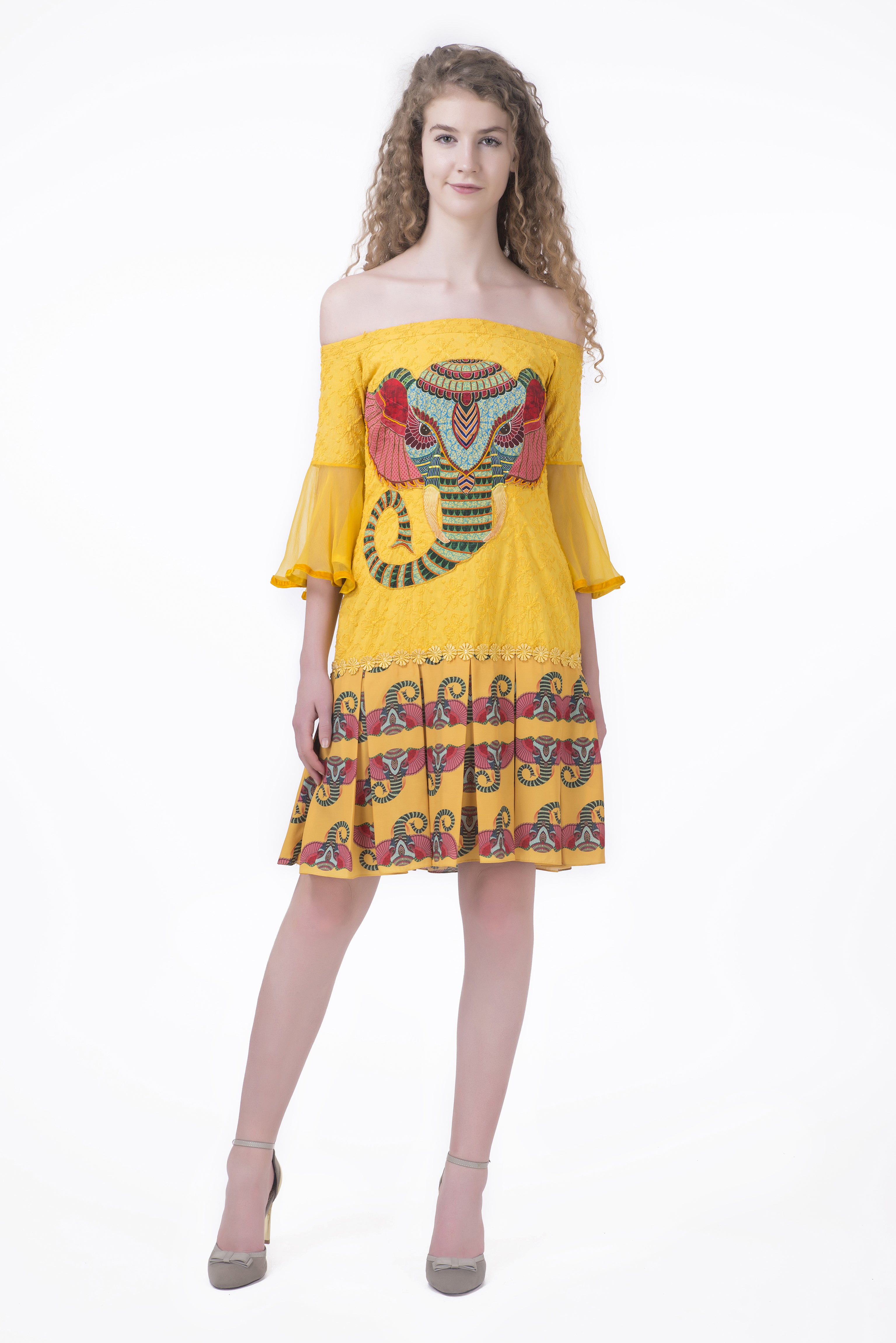 Off-Shoulder Elephant Motif Tennis Dress - Saaj By Ankita