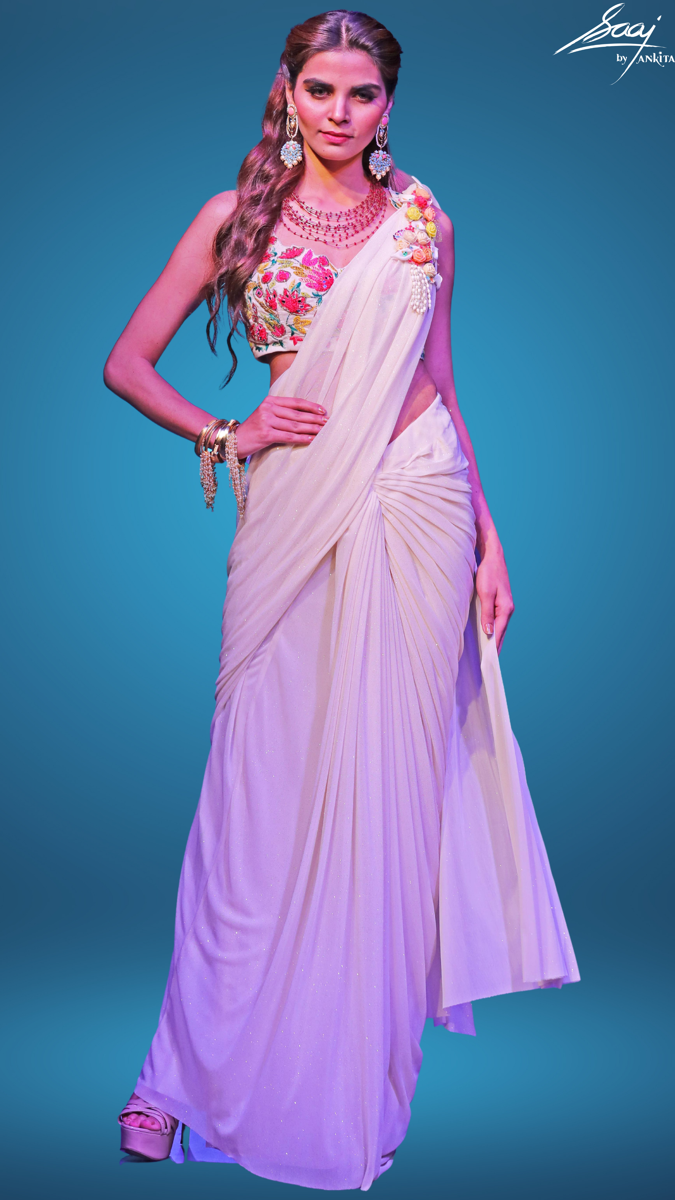 Glittery Jersey Pre-Draped Saree with Floral Blouse - Saaj By Ankita