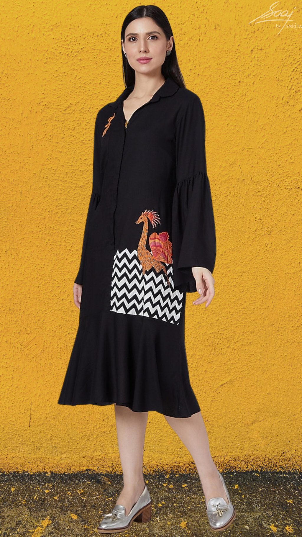 Black Flute Hem Shirt Dress - Saaj By Ankita