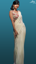 Load image into Gallery viewer, Glittery Jersey Pre-Draped Saree with Floral Blouse - Saaj By Ankita
