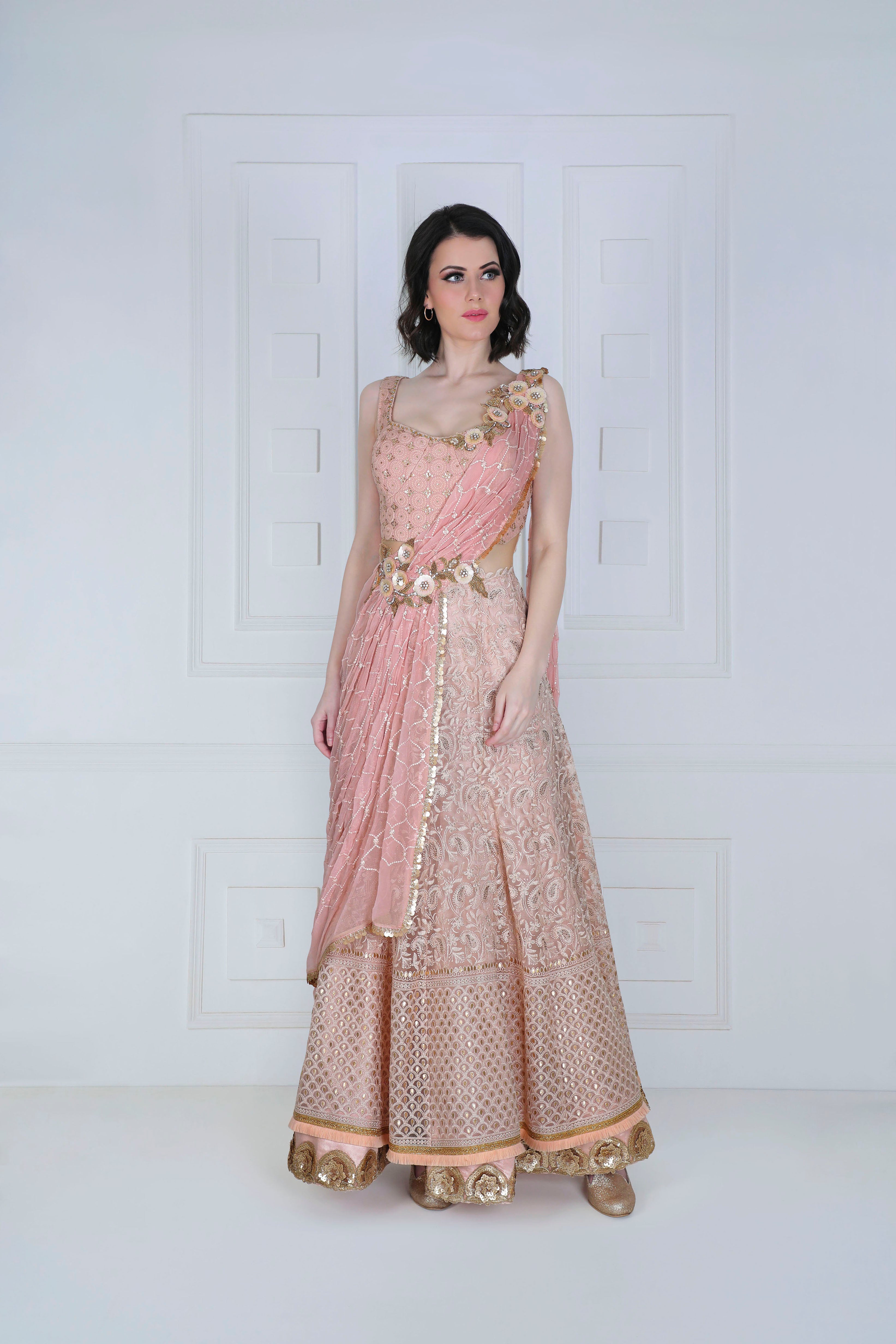 Cross-Drape Saree Gown with Chikankari Embroidery - Saaj By Ankita