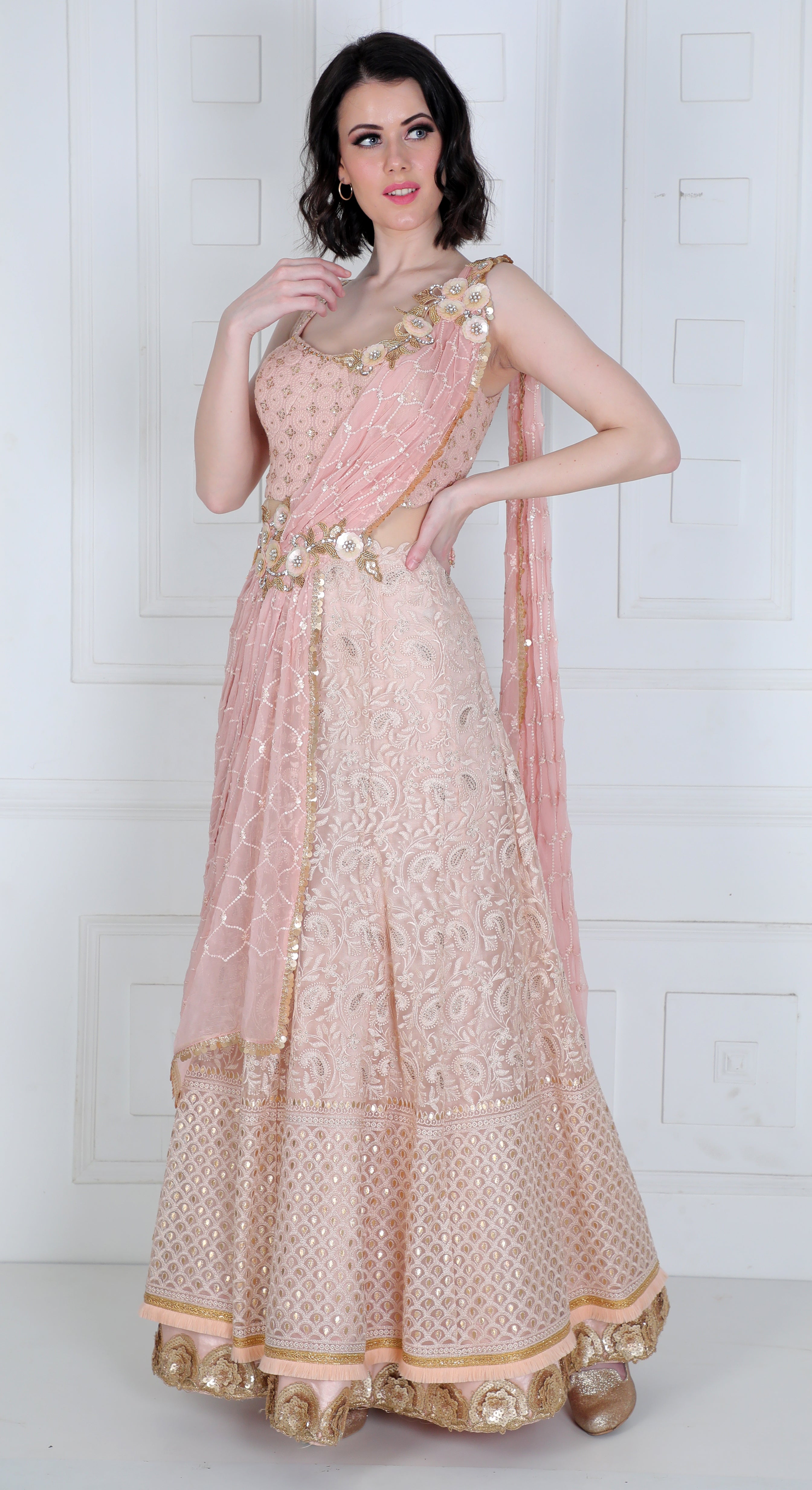 Cross-Drape Saree Gown with Chikankari Embroidery - Saaj By Ankita