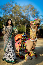 Load image into Gallery viewer, Lehnga-Saree Print on Print Style With Embroidered Border - Saaj By Ankita

