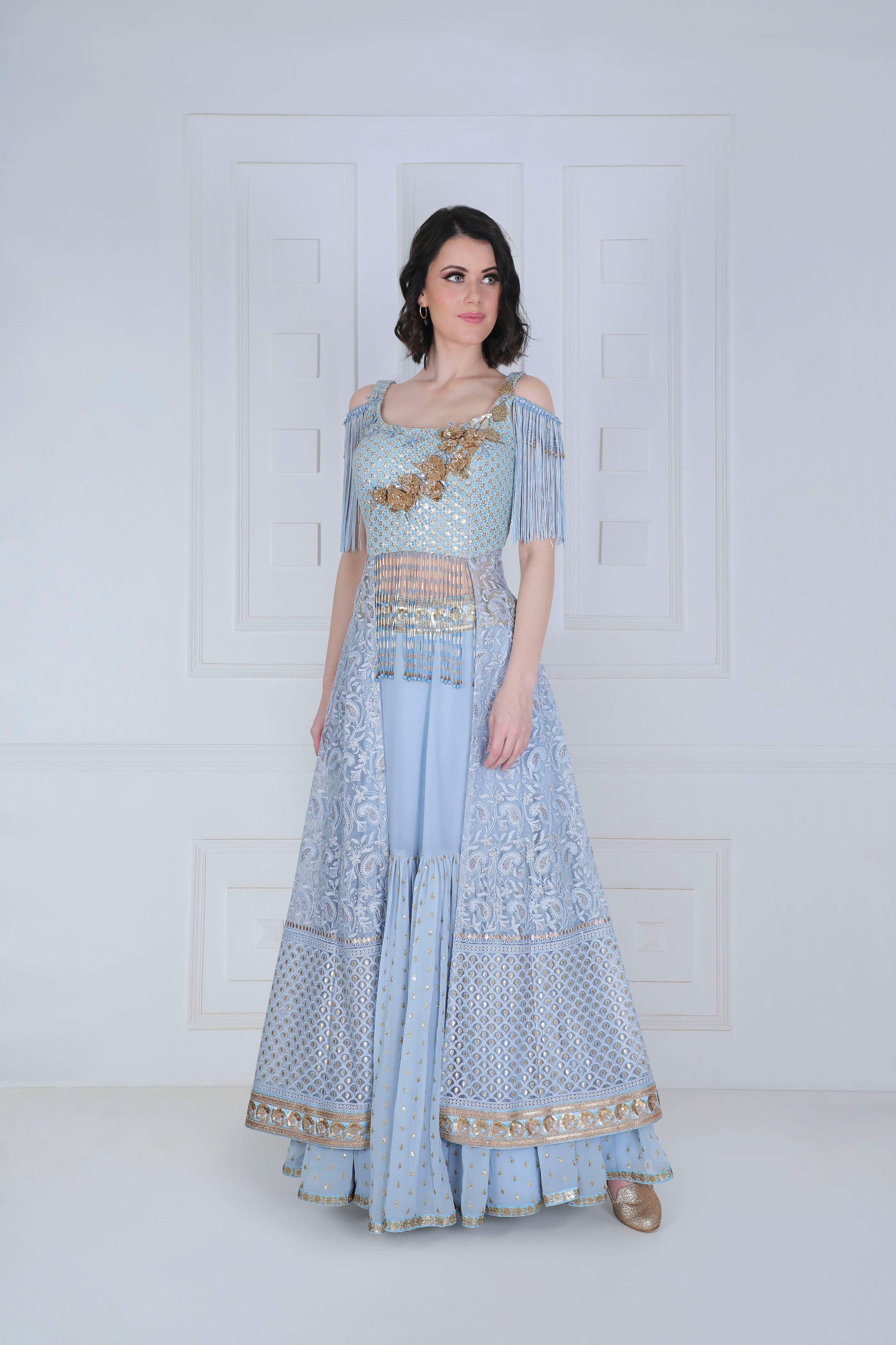 Back Trail Chikankari embroidered Choli with Tiered Lehenga - Saaj By Ankita