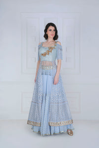 Back Trail Chikankari embroidered Choli with Tiered Lehenga - Saaj By Ankita