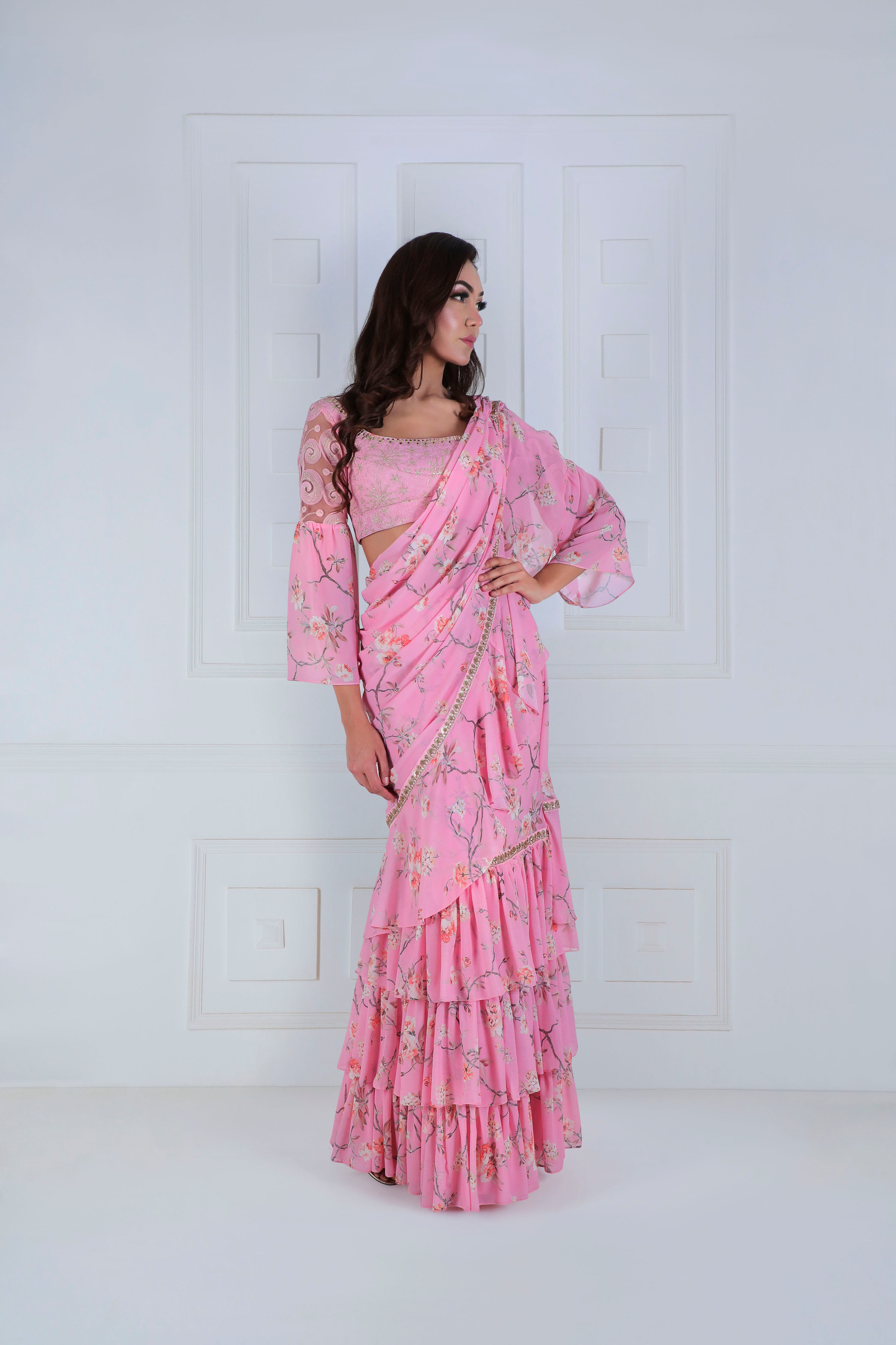 Printed Ruffle Sari with Modern Blouse - Saaj By Ankita