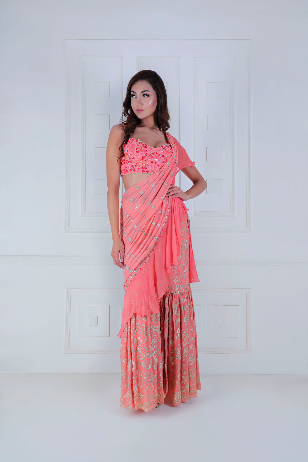 Ruffle Palla, Sharara Saree with concept embroidered Blouse - Saaj By Ankita