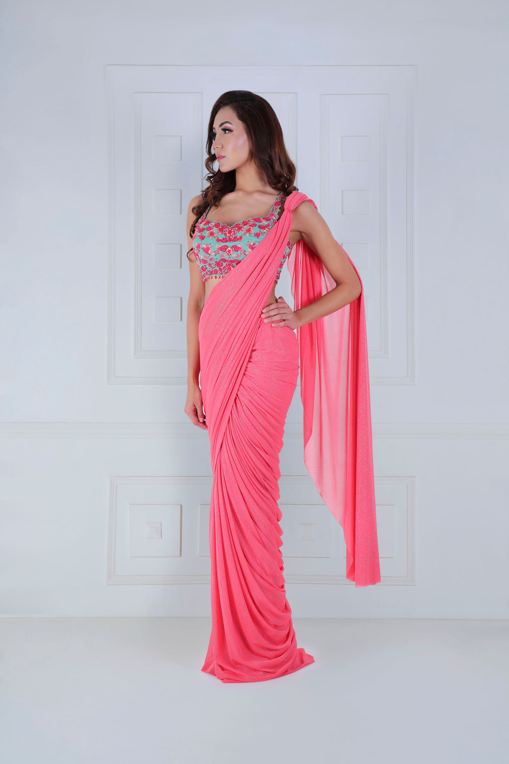 Draped Pleats saree with embroidered Blouse - Saaj By Ankita