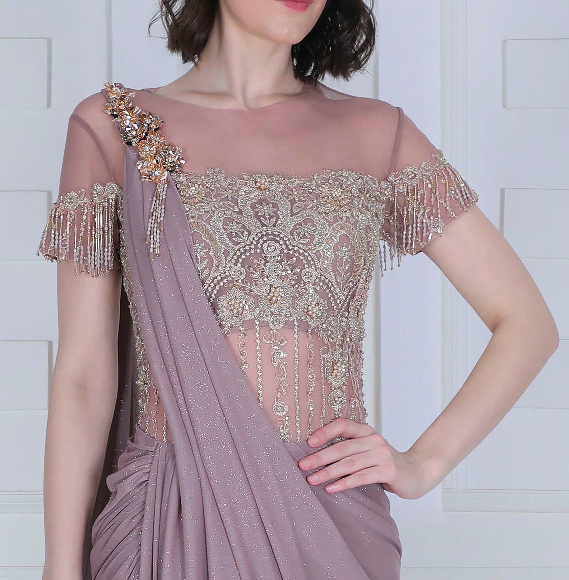 Smokey Crystal Sari Gown - Saaj By Ankita