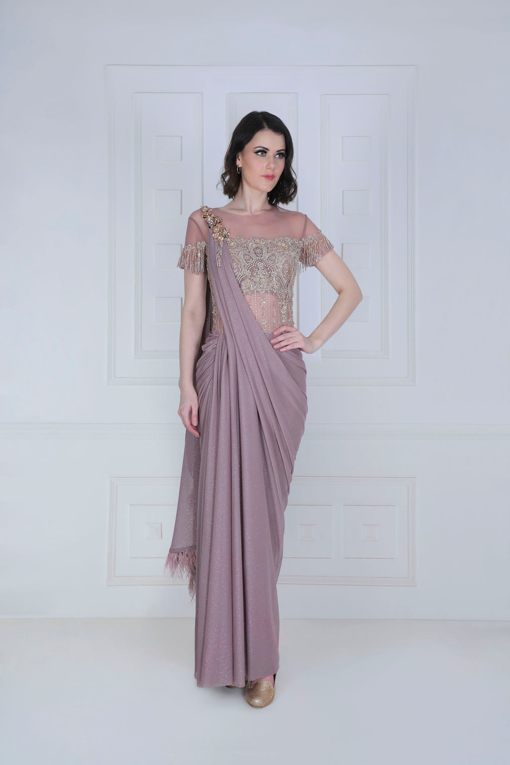 Smokey Crystal Sari Gown - Saaj By Ankita