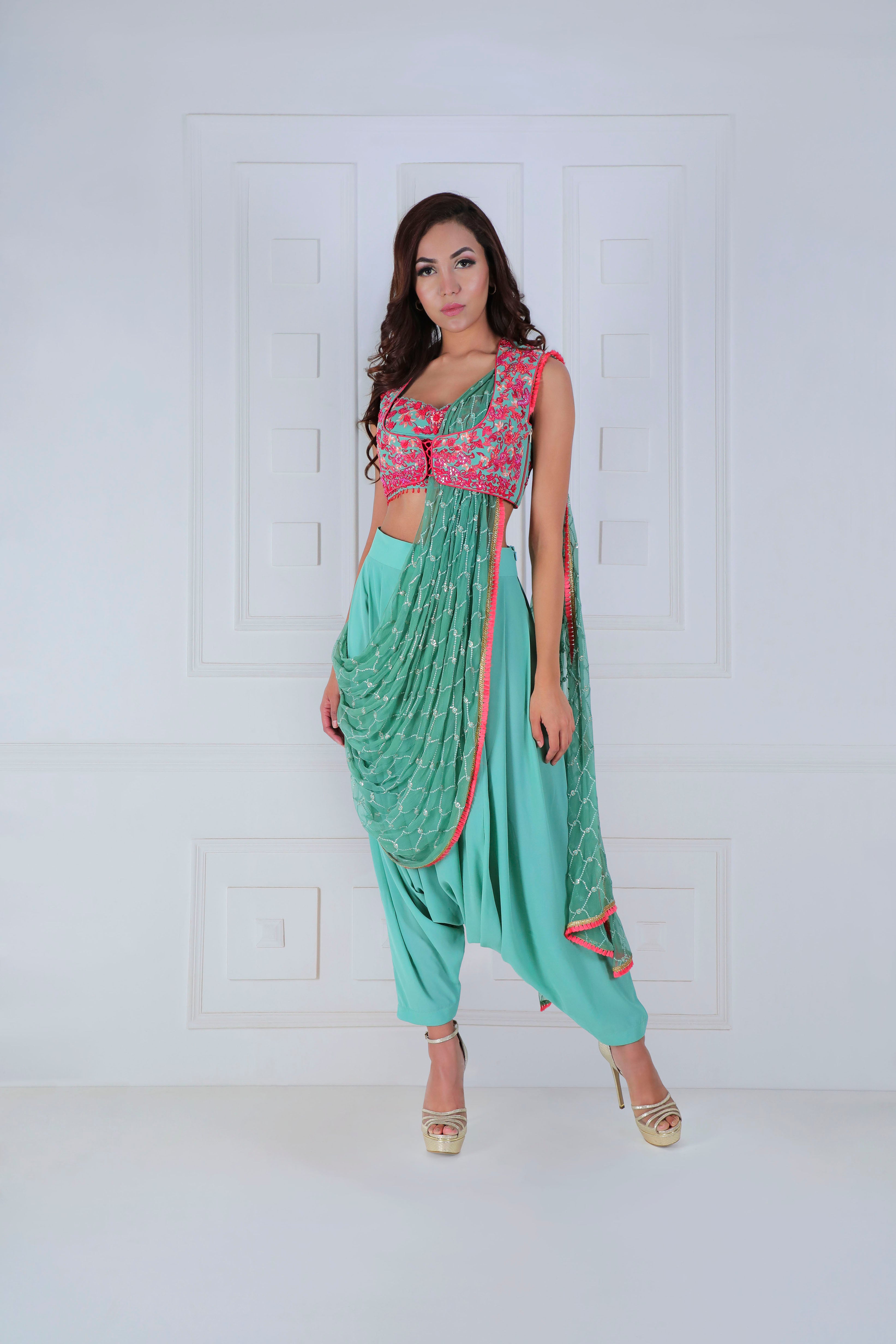 Pants-Saree with Embroidered harness - Saaj By Ankita