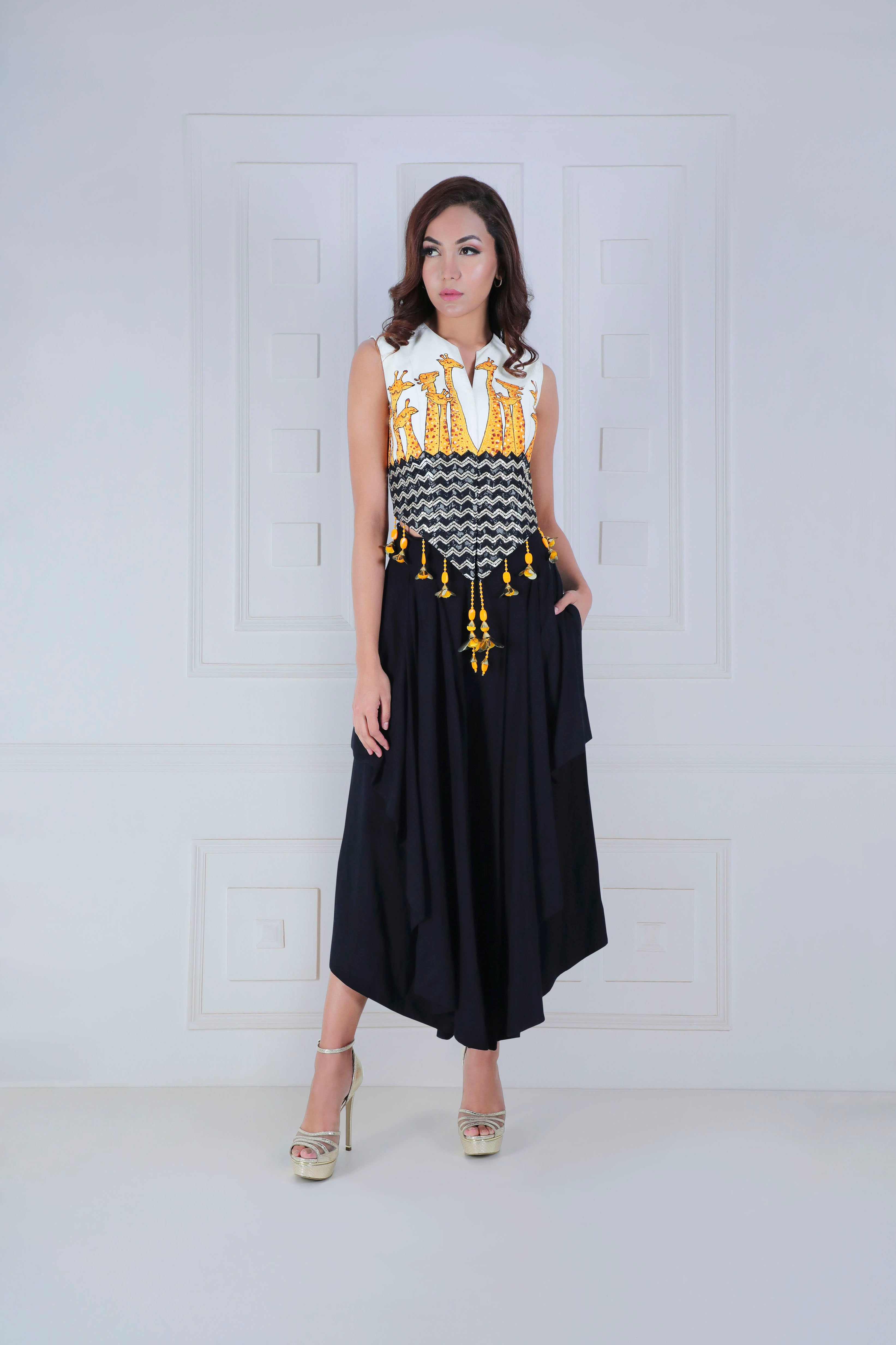 Quirky Giraffe Embroidered Jacket with Layered Pants - Saaj By Ankita