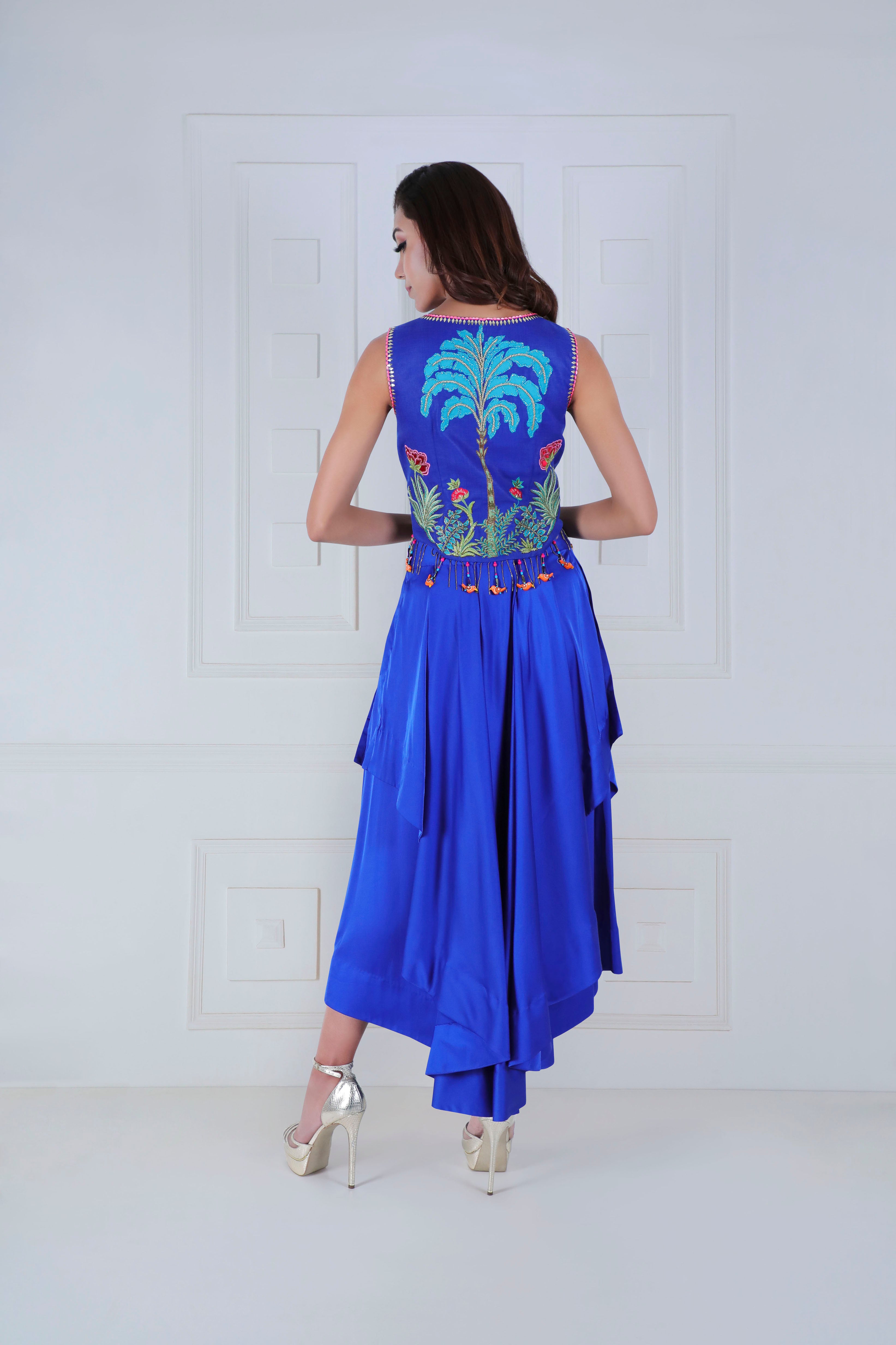 Quirky Giraffe Embroidered Jacket with Layered Satin Pants - Saaj By Ankita