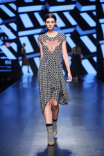 Load image into Gallery viewer, Yak Embroidered Shift Dress in Black &amp; White Printed  Asymmetrical Hem Dress - Saaj By Ankita
