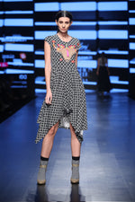 Load image into Gallery viewer, Yak Embroidered Shift Dress in Black &amp; White Printed  Asymmetrical Hem Dress - Saaj By Ankita
