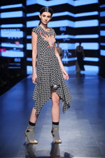 Load image into Gallery viewer, Yak Embroidered Shift Dress in Black &amp; White Printed  Asymmetrical Hem Dress - Saaj By Ankita
